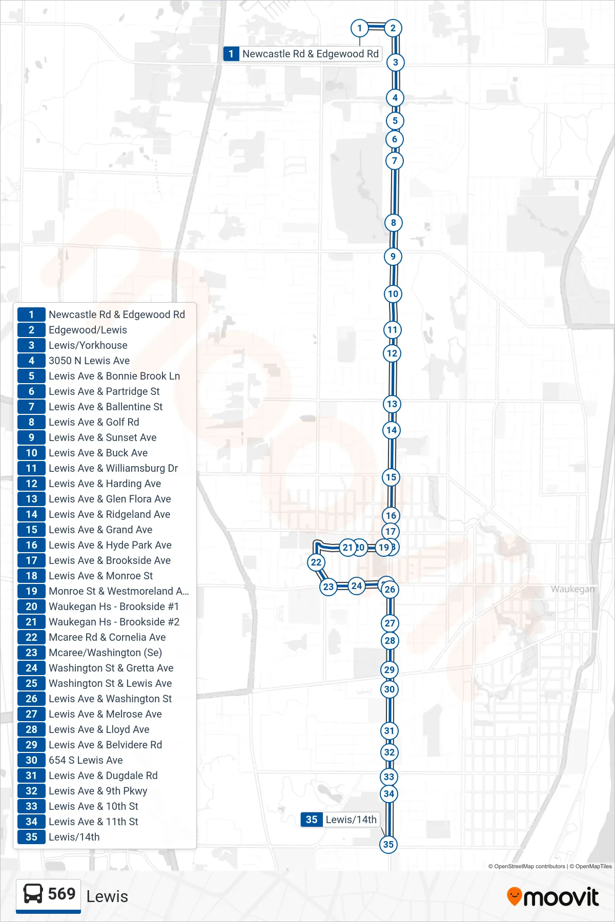 569 bus Line (Lewis Ave & Audrey Nixon Blvd (14th St)) route and stops on a map
