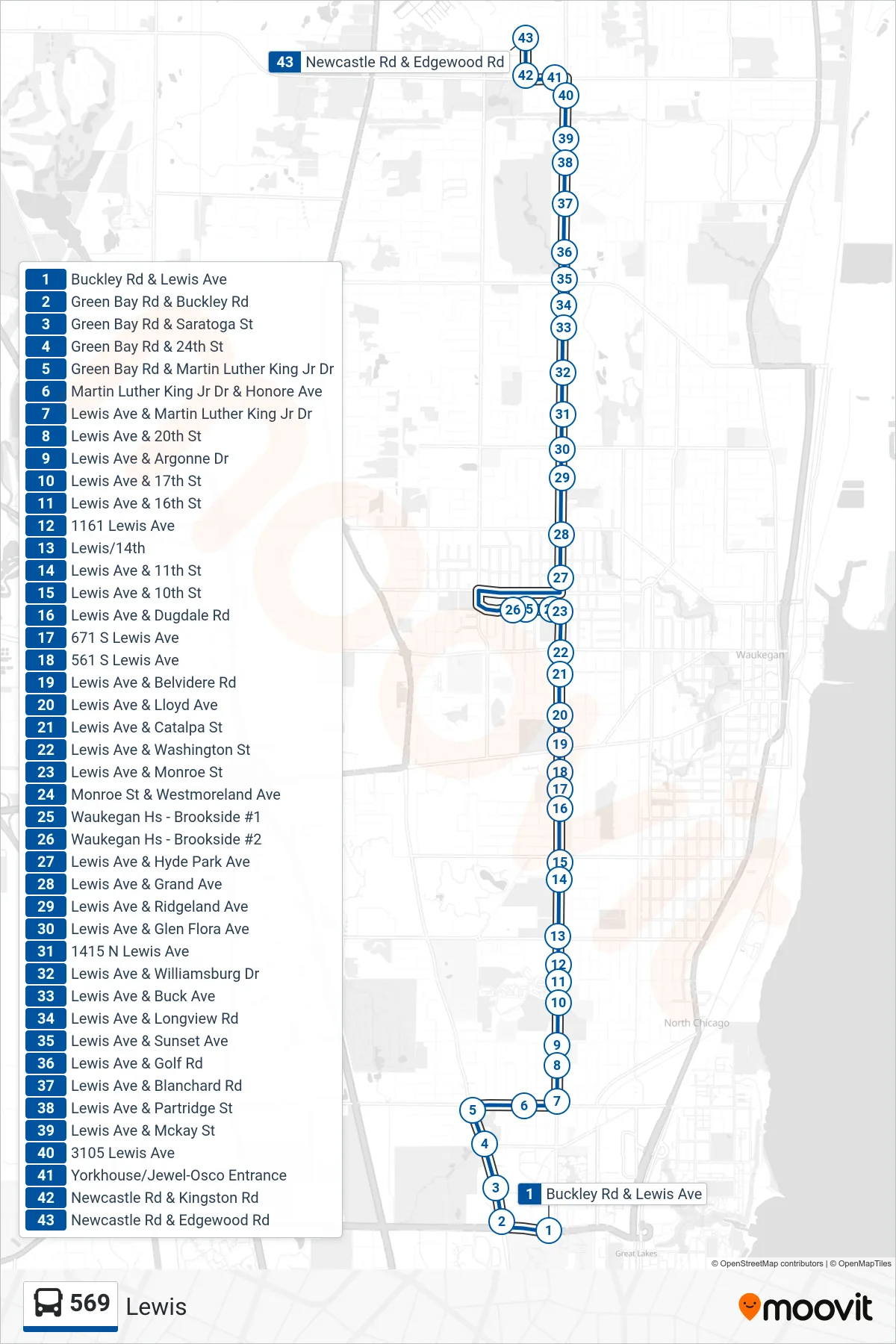 569 bus Line (Newcastle Rd & Edgewood Rd) route and stops on a map