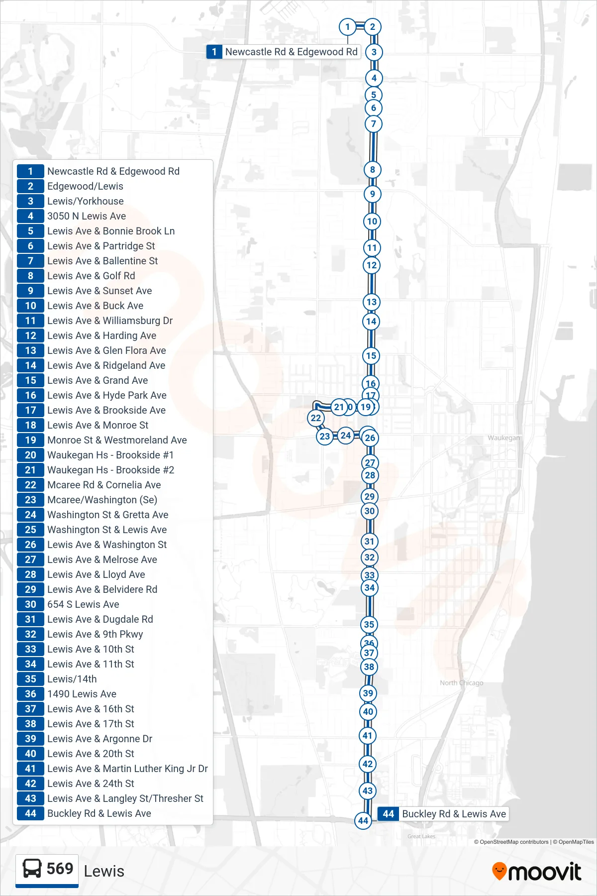 569 bus Line (Buckley Rd & Lewis Ave) route and stops on a map