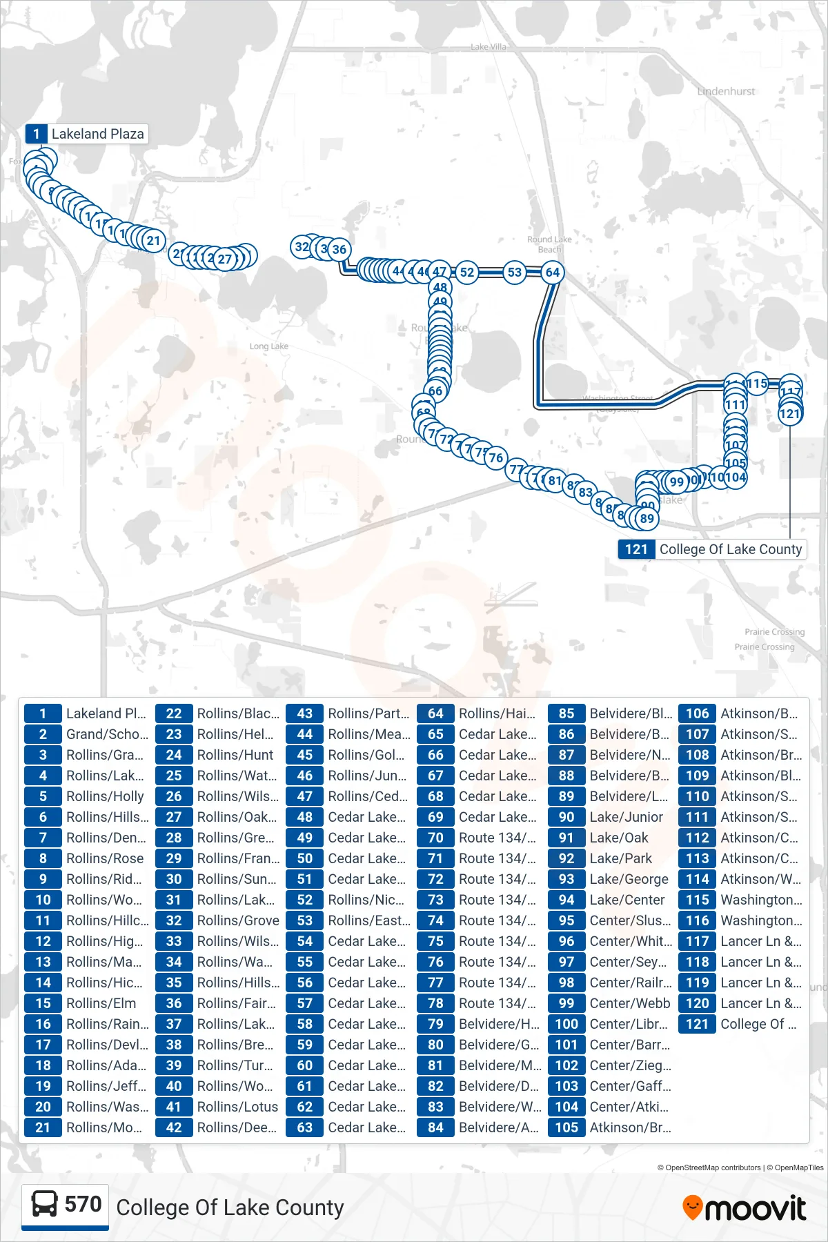 570 bus Line (College Of Lake County) route and stops on a map
