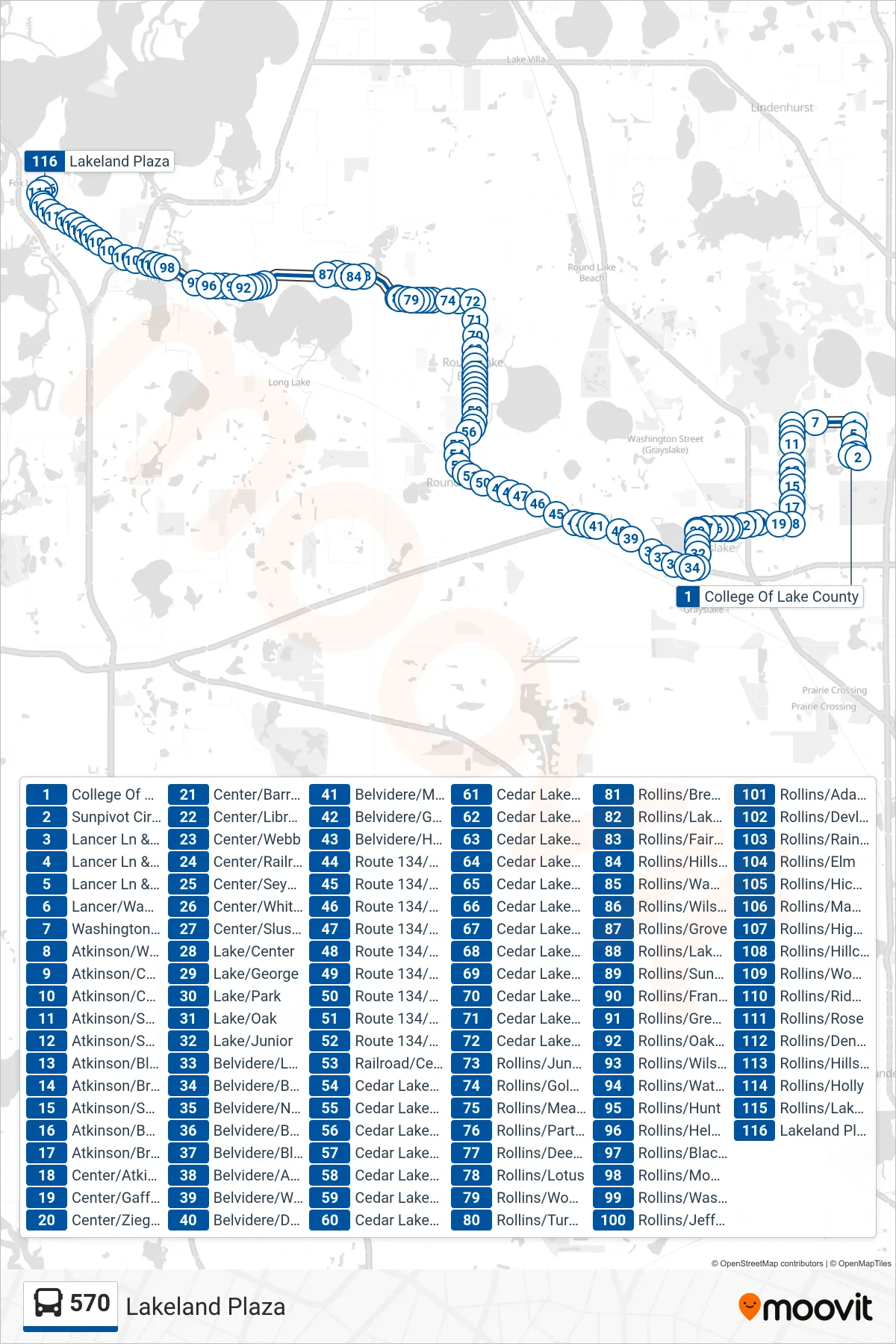 570 bus Line (Lakeland Plaza) route and stops on a map
