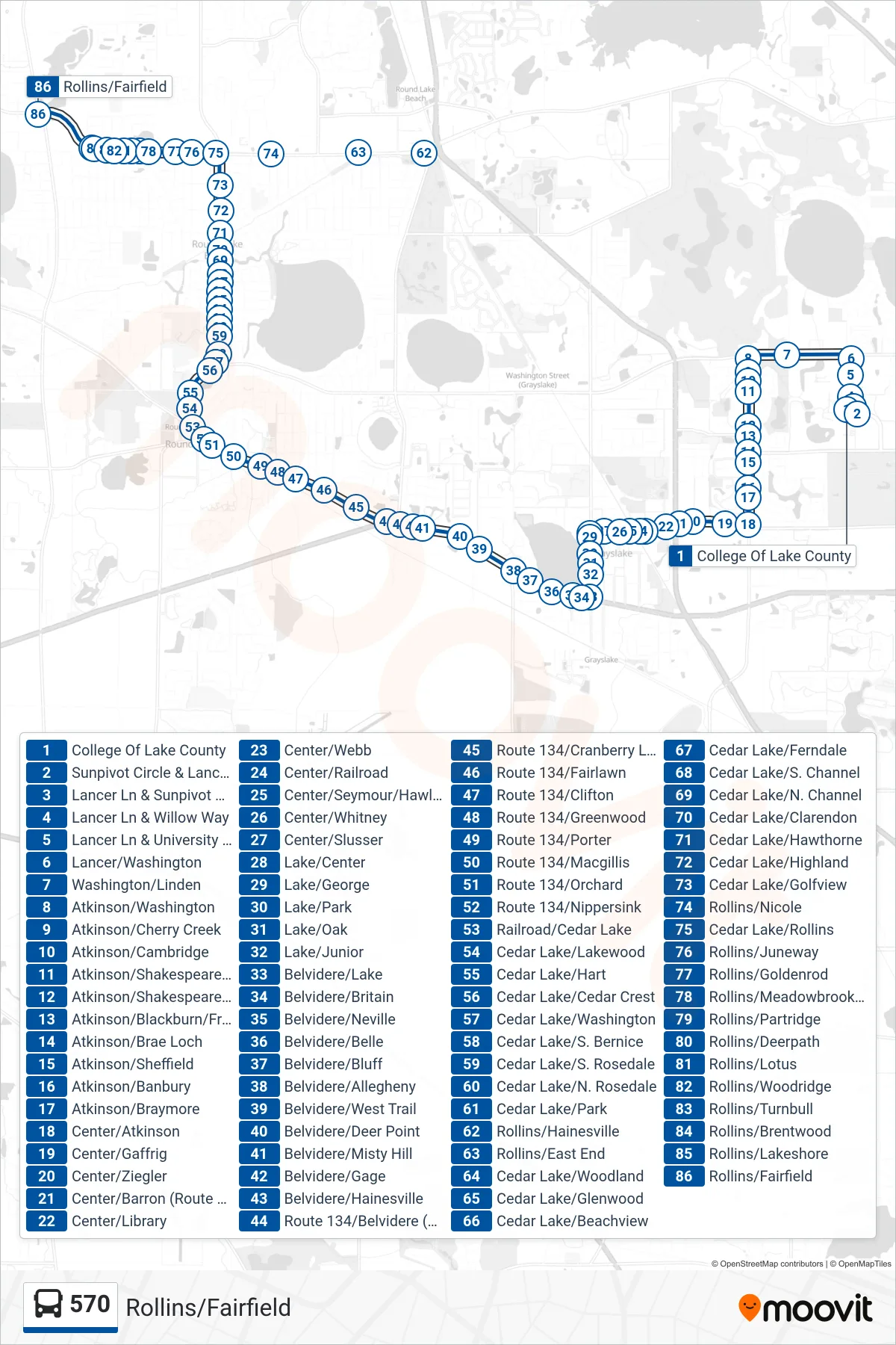 570 bus Line (Rollins/Fairfield) route and stops on a map