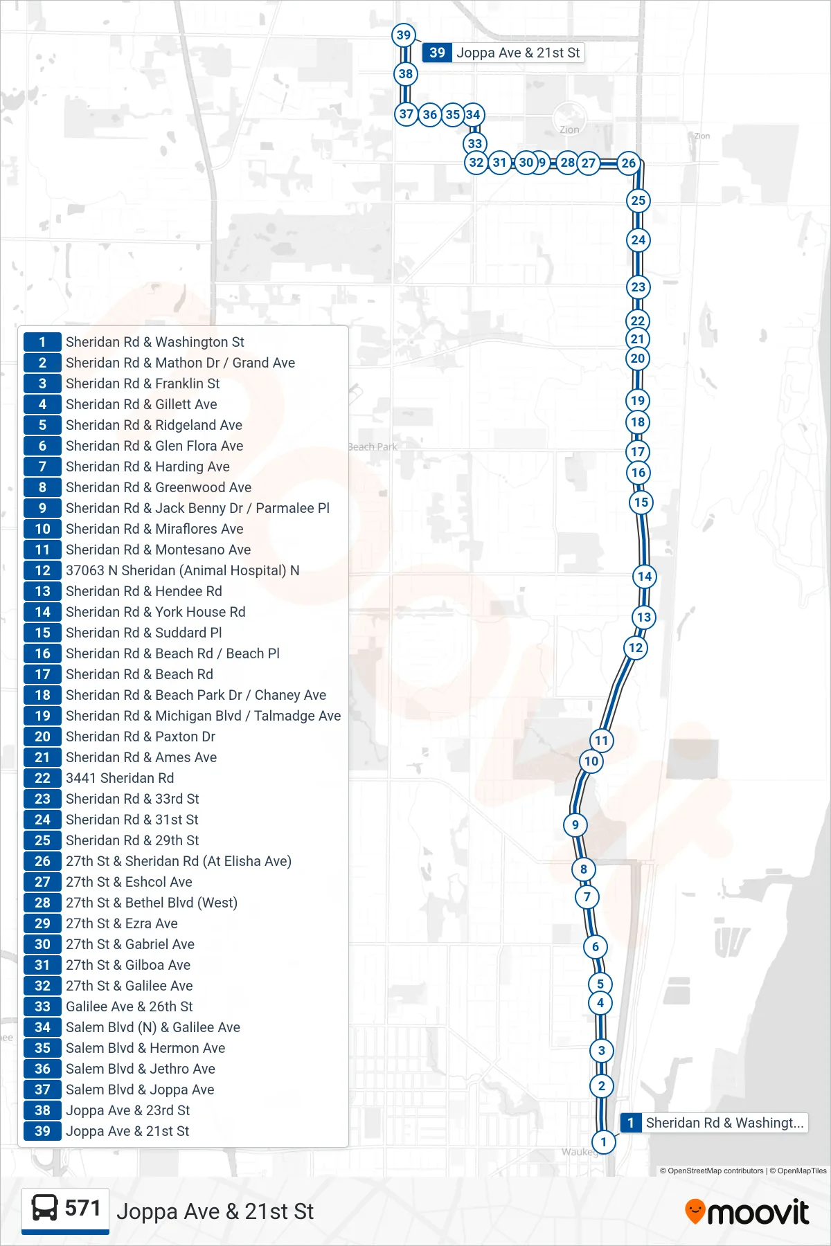 571 bus Line (Joppa Ave & 21st St) route and stops on a map
