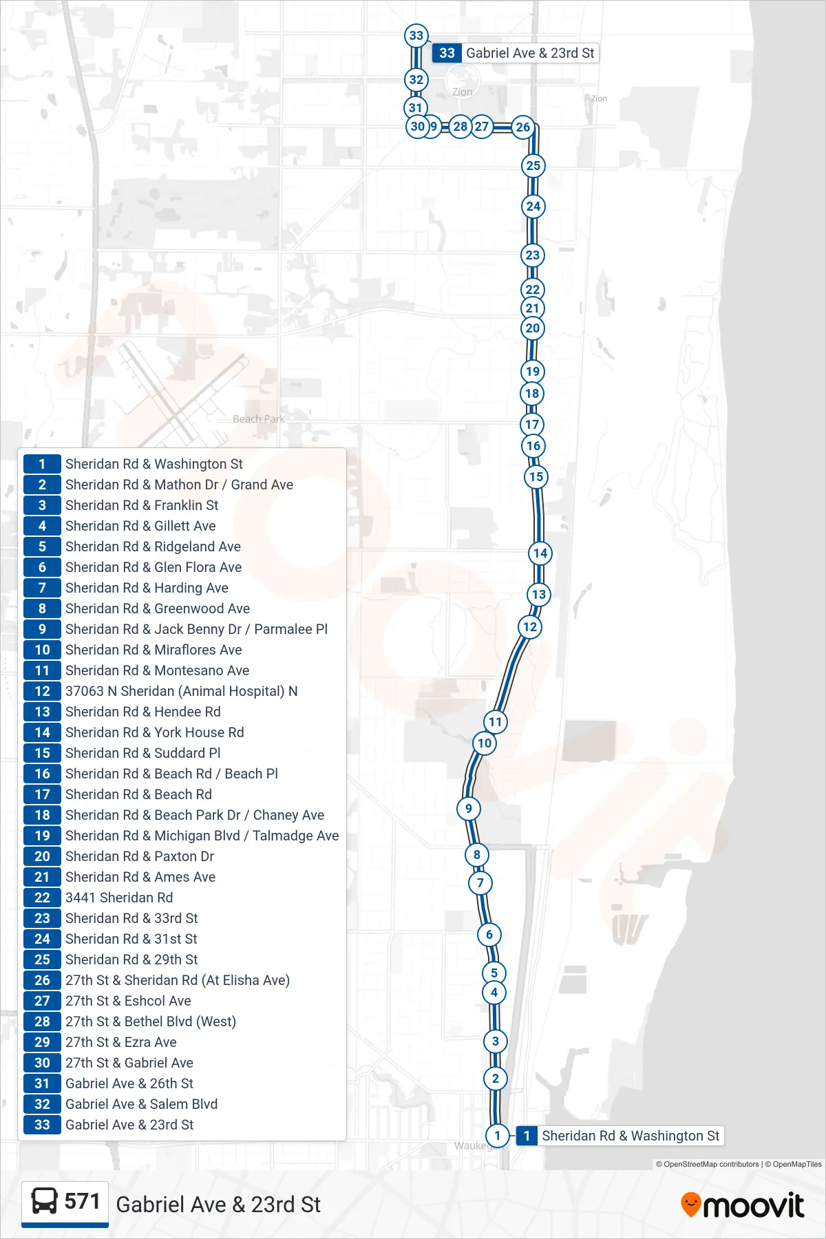 571 bus Line (Gabriel Ave & 23rd St) route and stops on a map