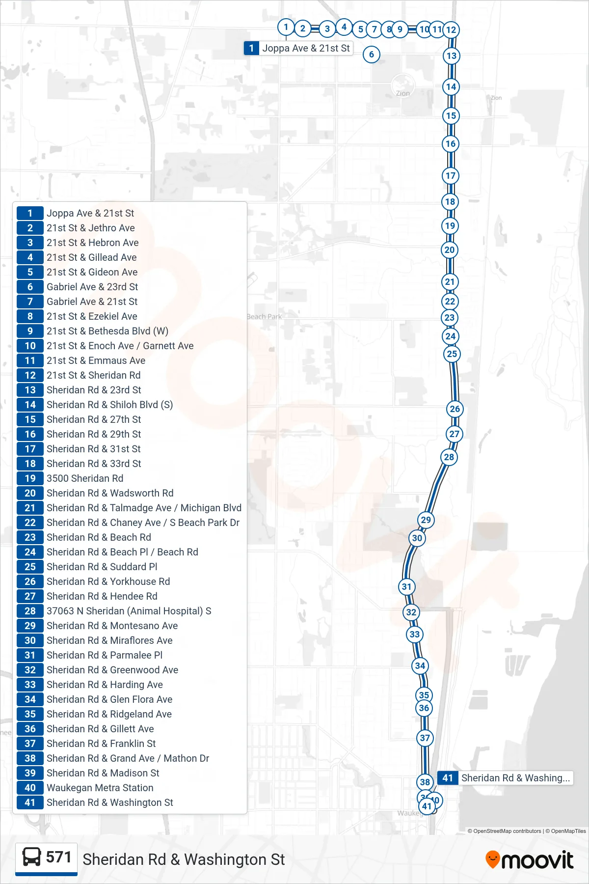 571 bus Line (Sheridan Rd & Washington St) route and stops on a map