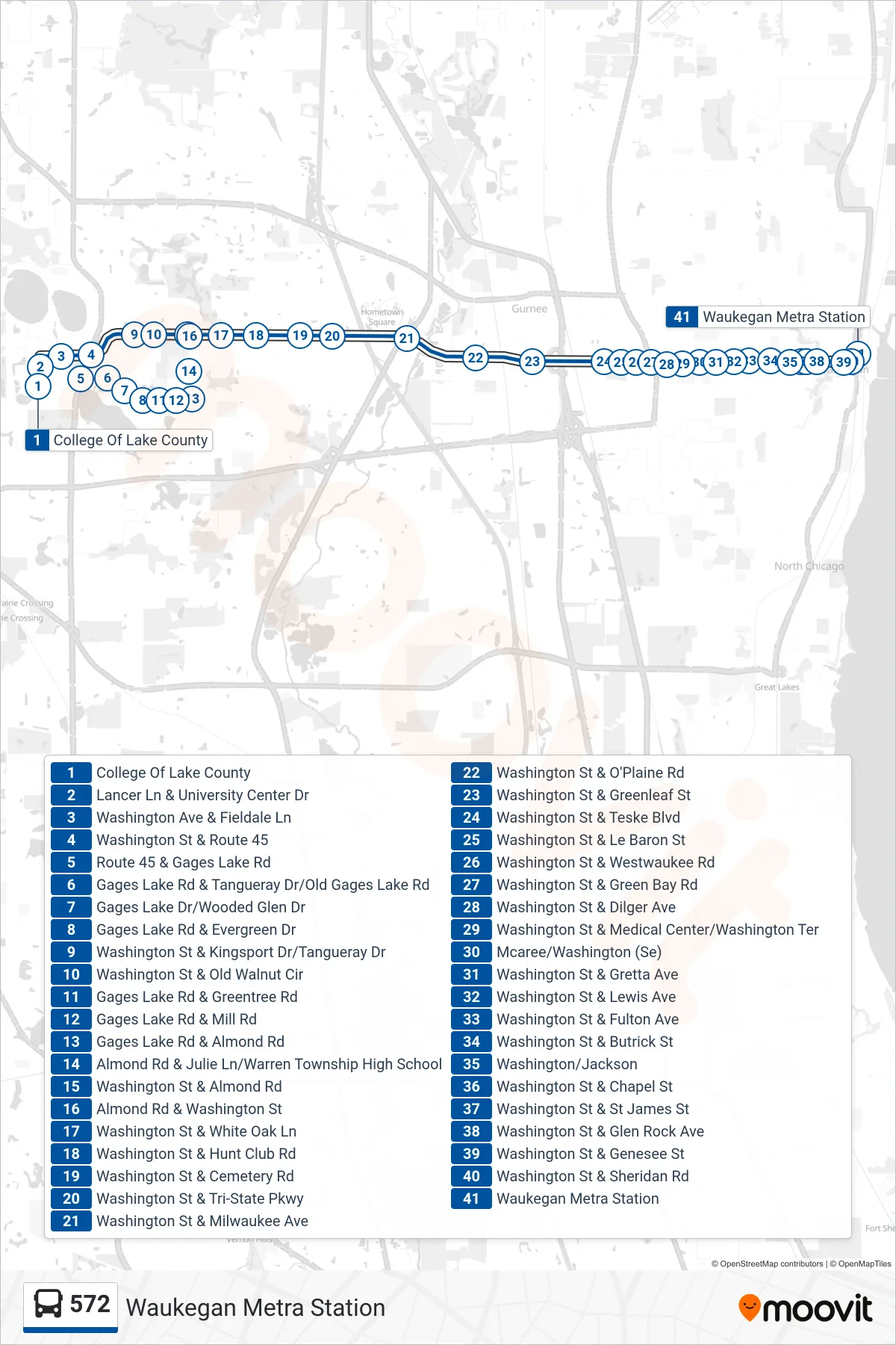 572 bus Line (Waukegan Metra Station) route and stops on a map