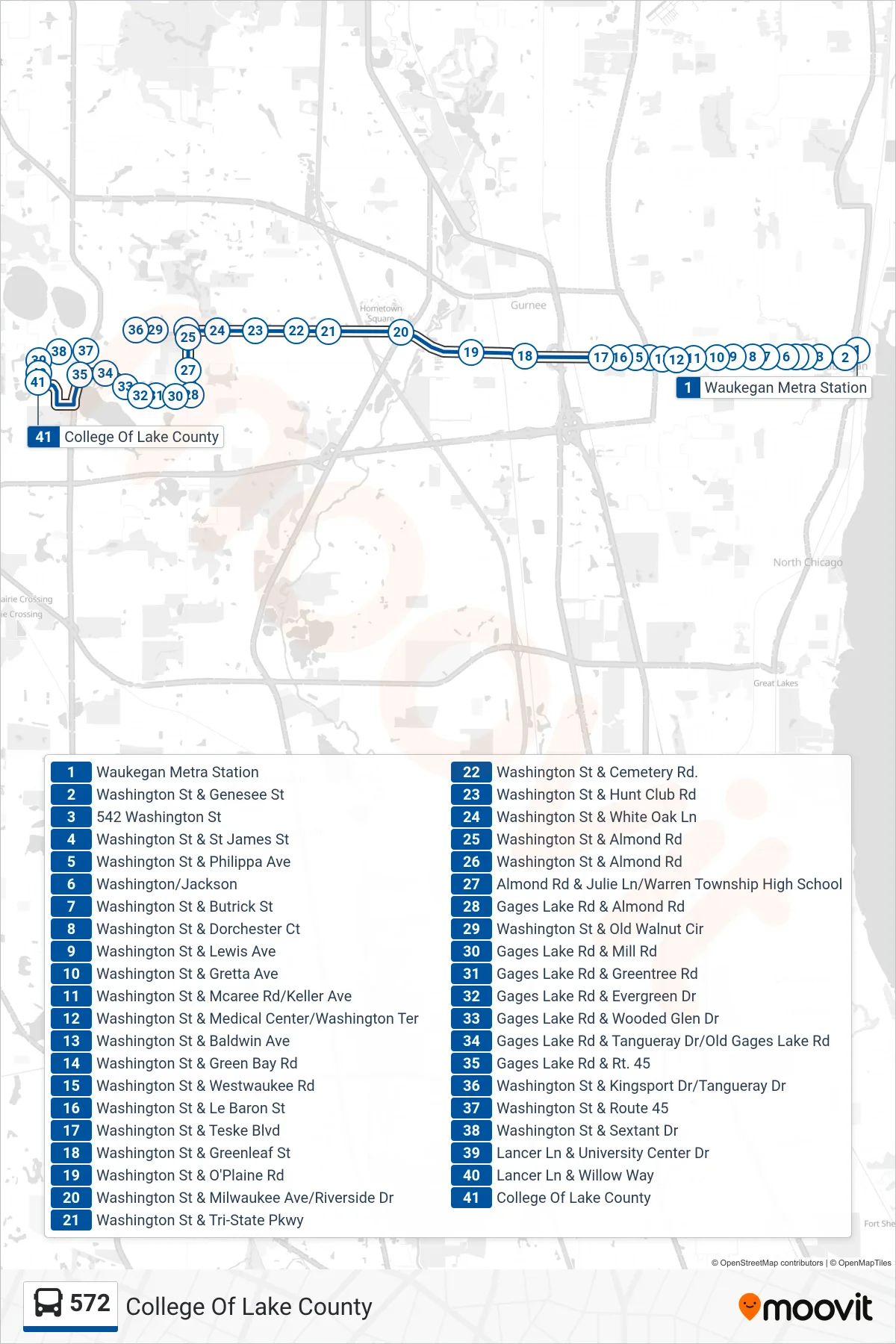 572 bus Line (College Of Lake County) route and stops on a map