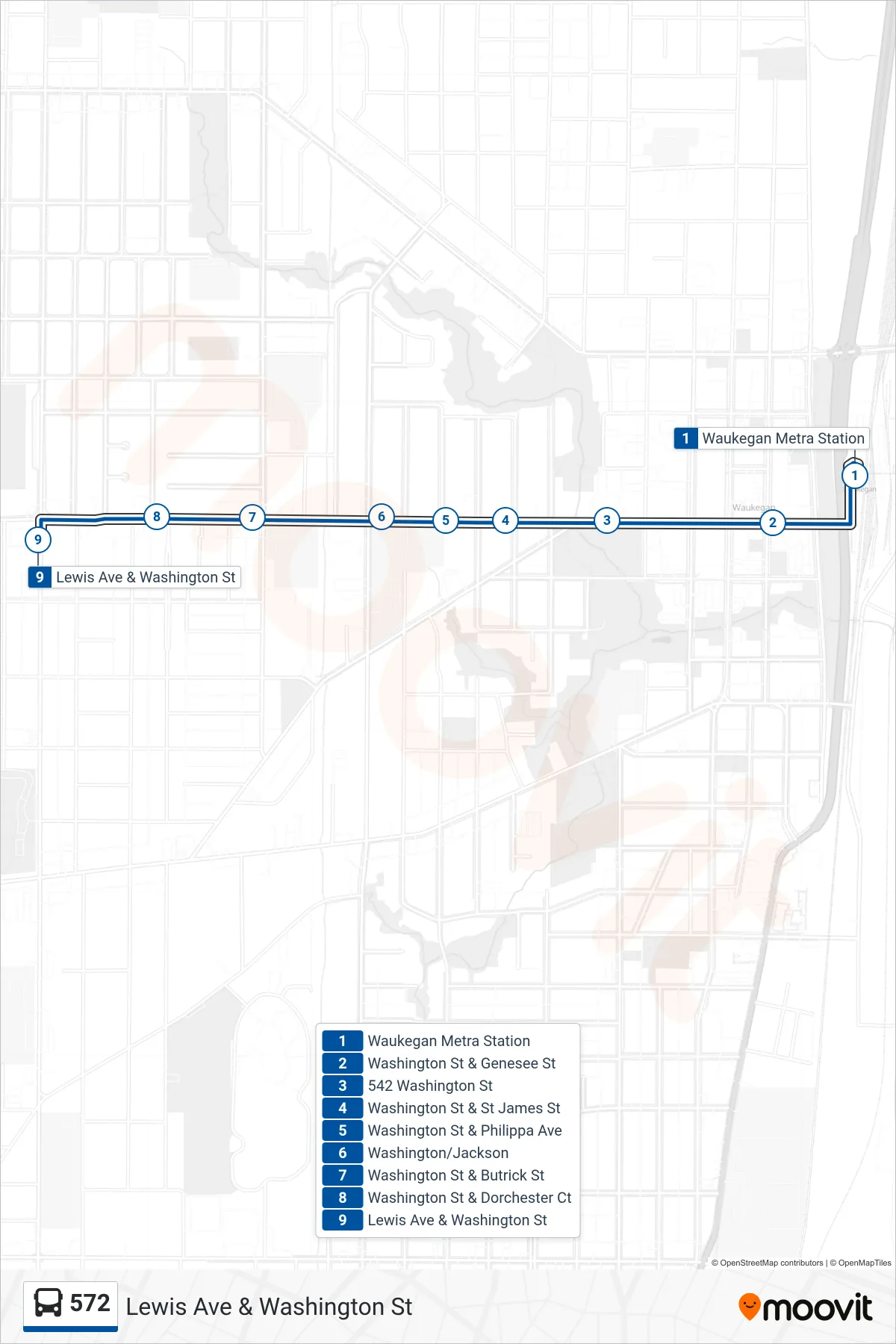 572 bus Line (Lewis Ave & Washington St) route and stops on a map