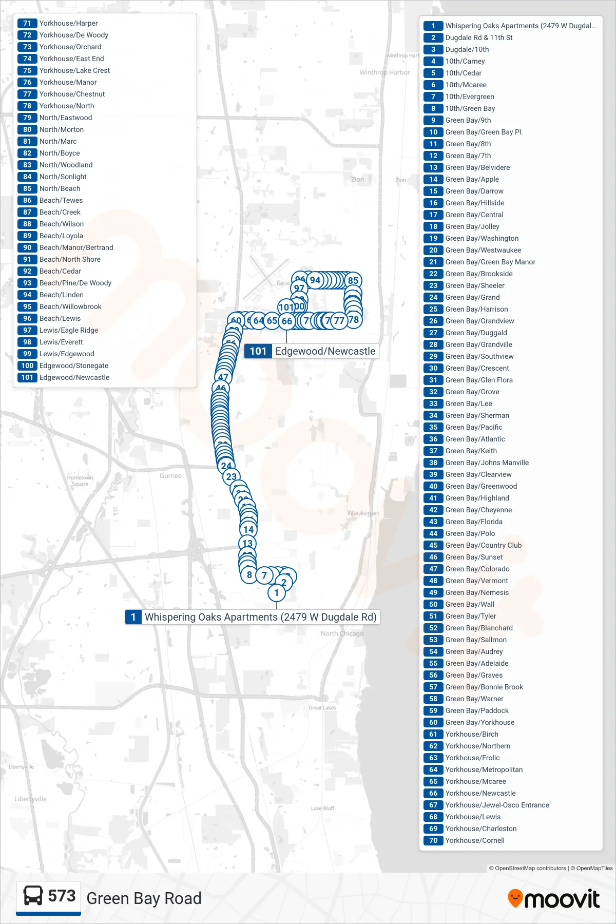 573 bus Line (Edgewood/Newcastle) route and stops on a map