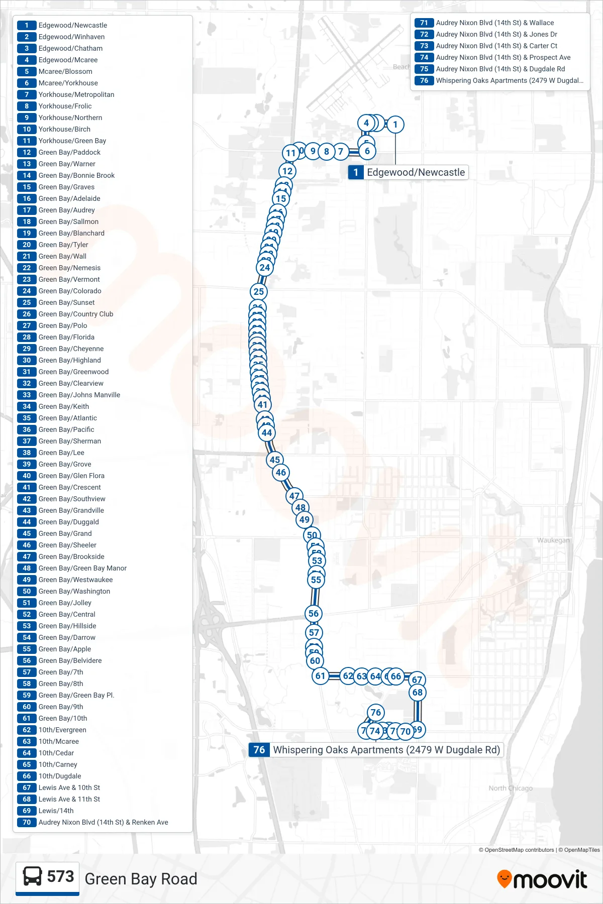 573 bus Line (Whispering Oaks Apartments (2479 W Dugdale Rd)) route and stops on a map