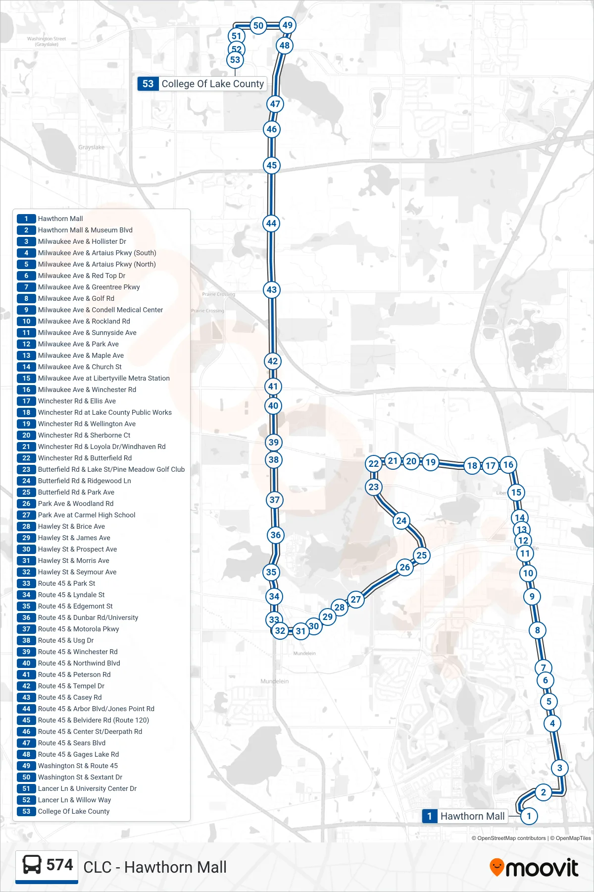 574 bus Line (College Of Lake County) route and stops on a map