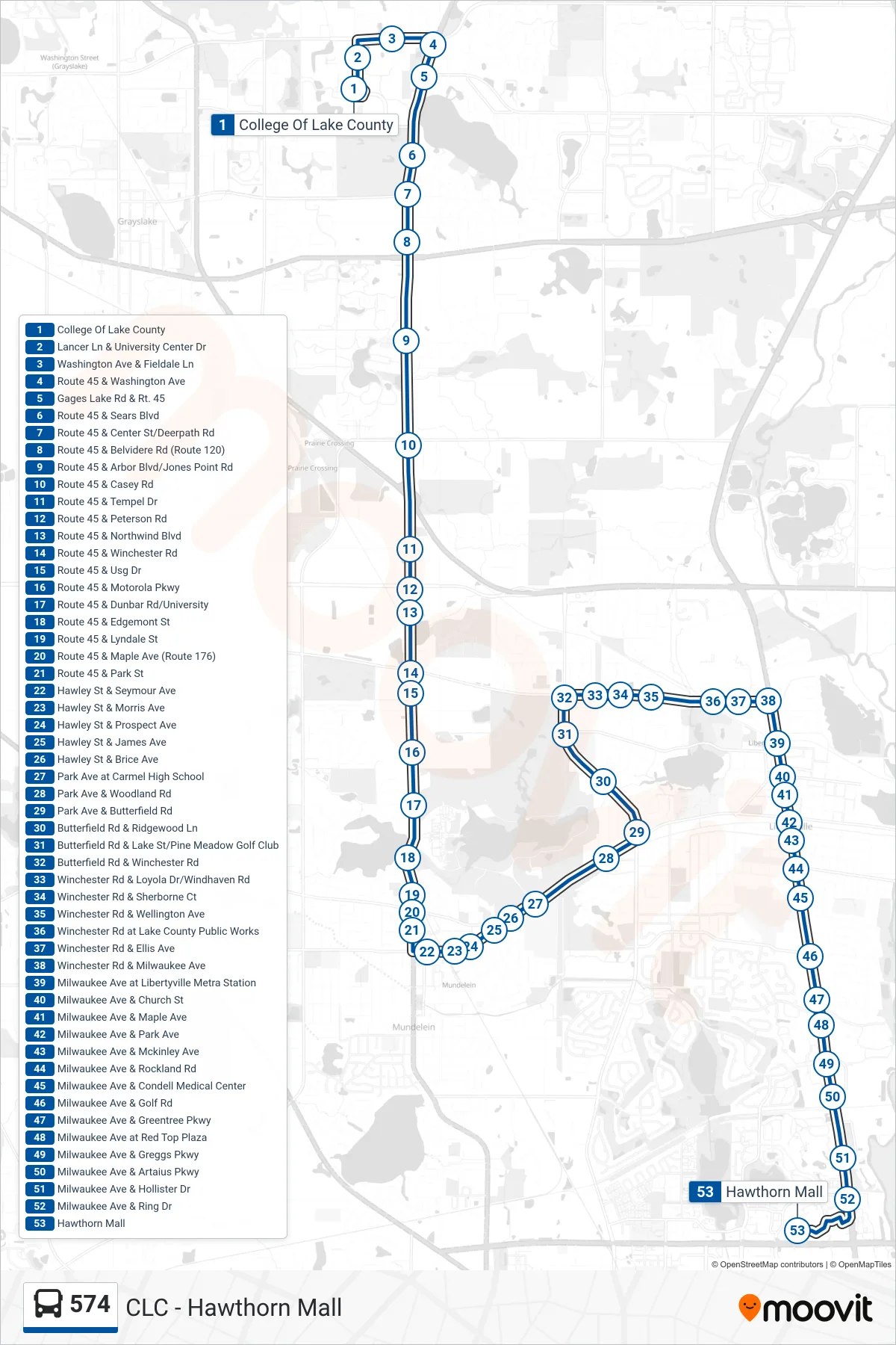 574 bus Line (Hawthorn Mall) route and stops on a map