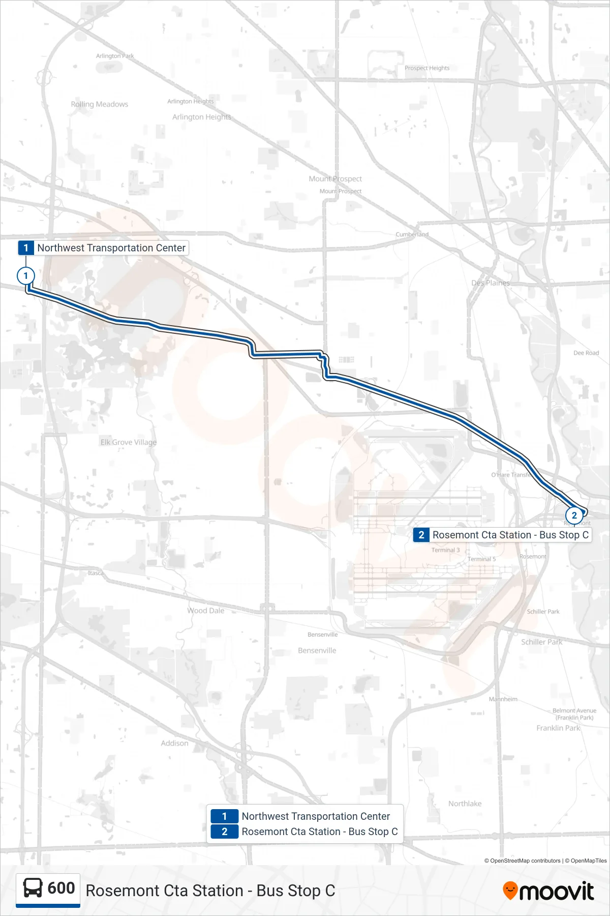 600 bus Line (Rosemont Cta Station - Bus Stop C) route and stops on a map
