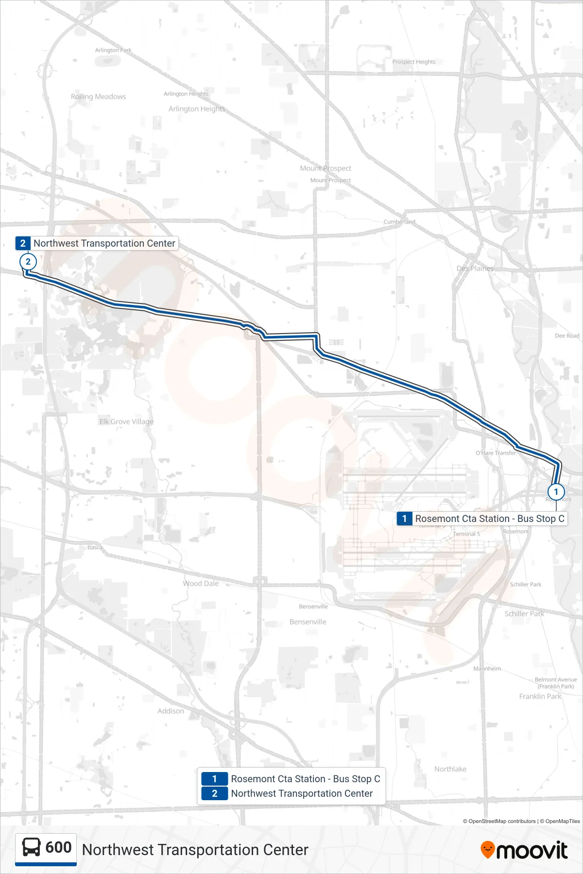 600 bus Line (Northwest Transportation Center) route and stops on a map