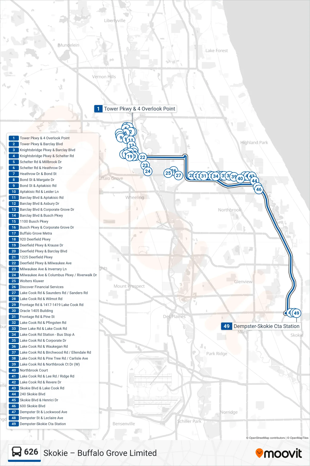 626 bus Line (Dempster-Skokie Cta Station) route and stops on a map