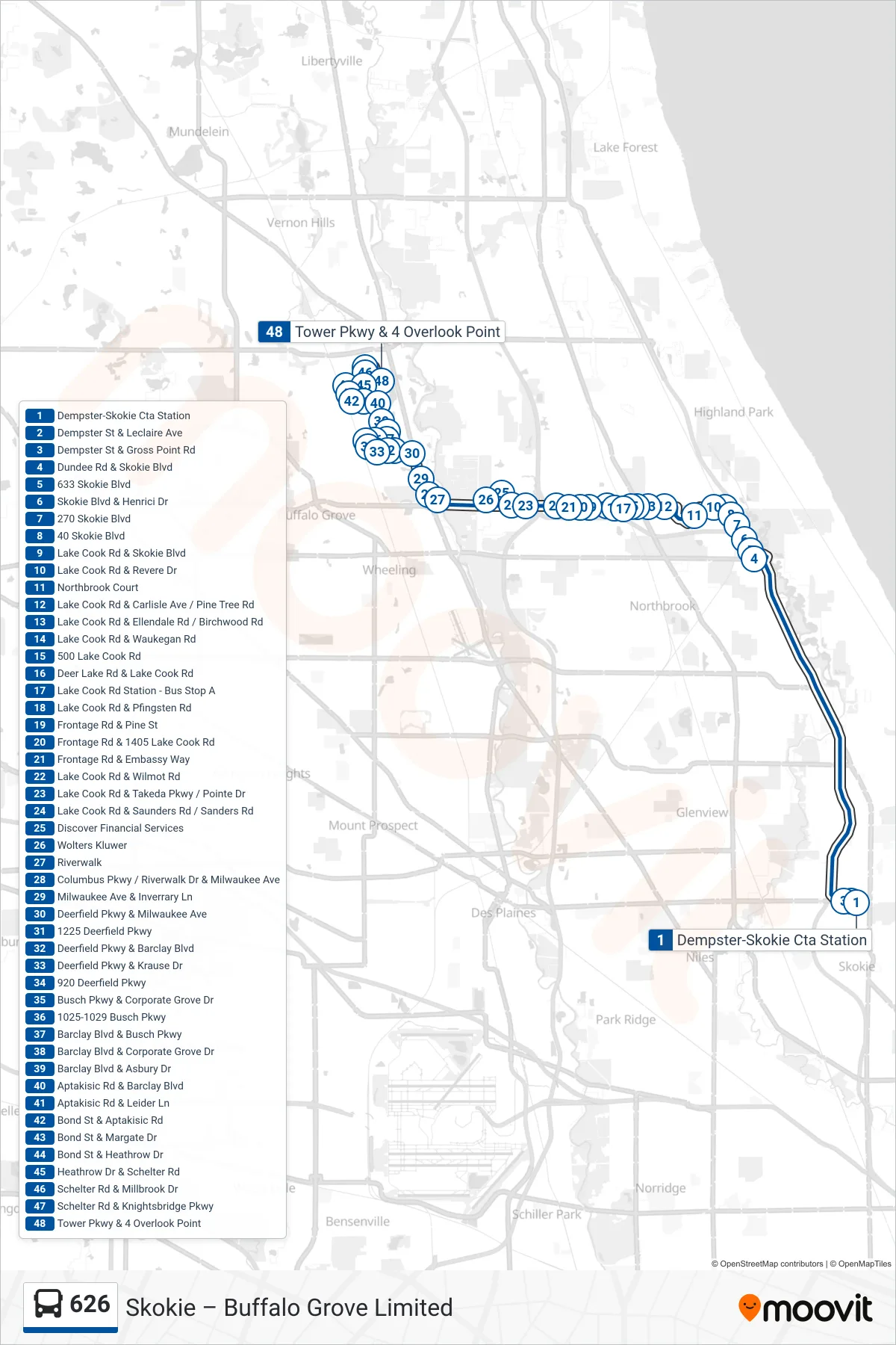 626 bus Line (Tower Pkwy & 4 Overlook Point) route and stops on a map