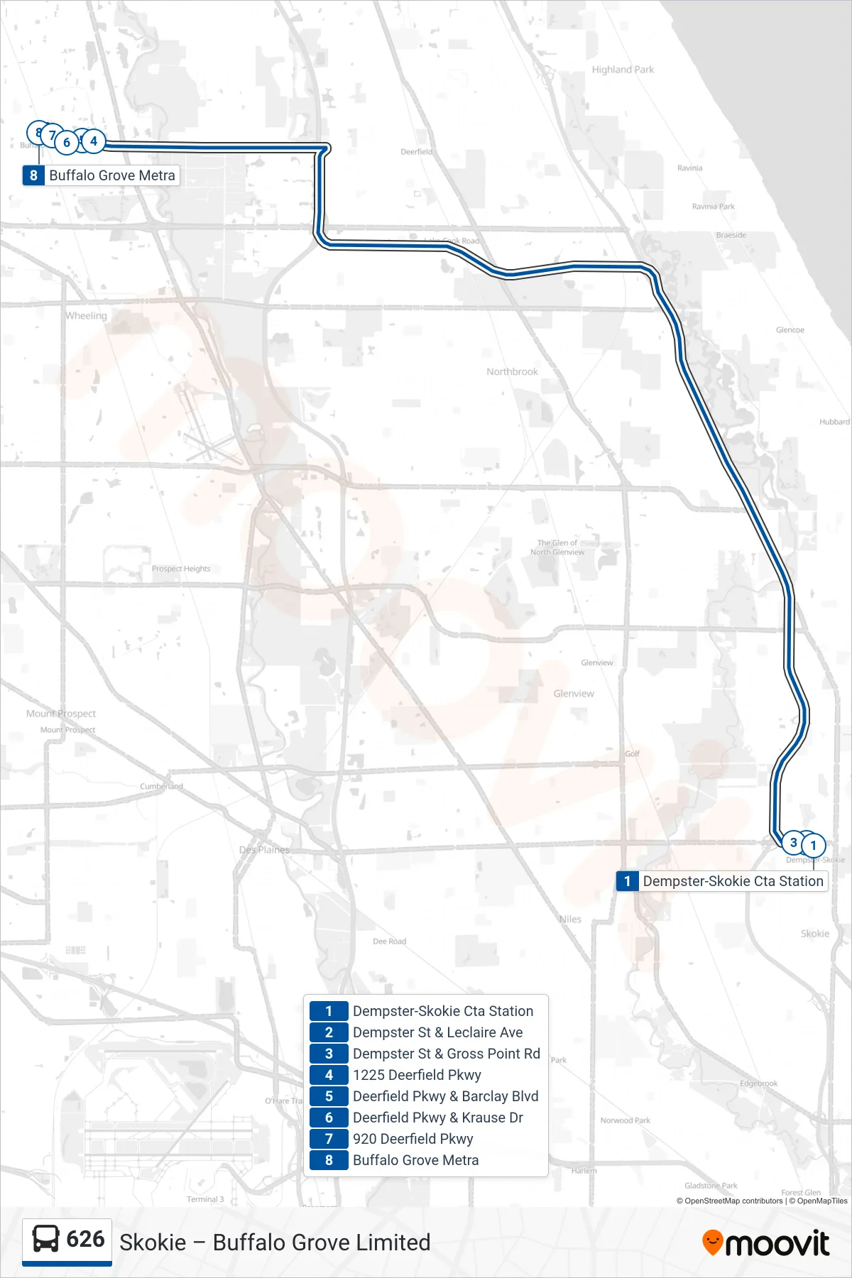 626 bus Line (Buffalo Grove Metra) route and stops on a map