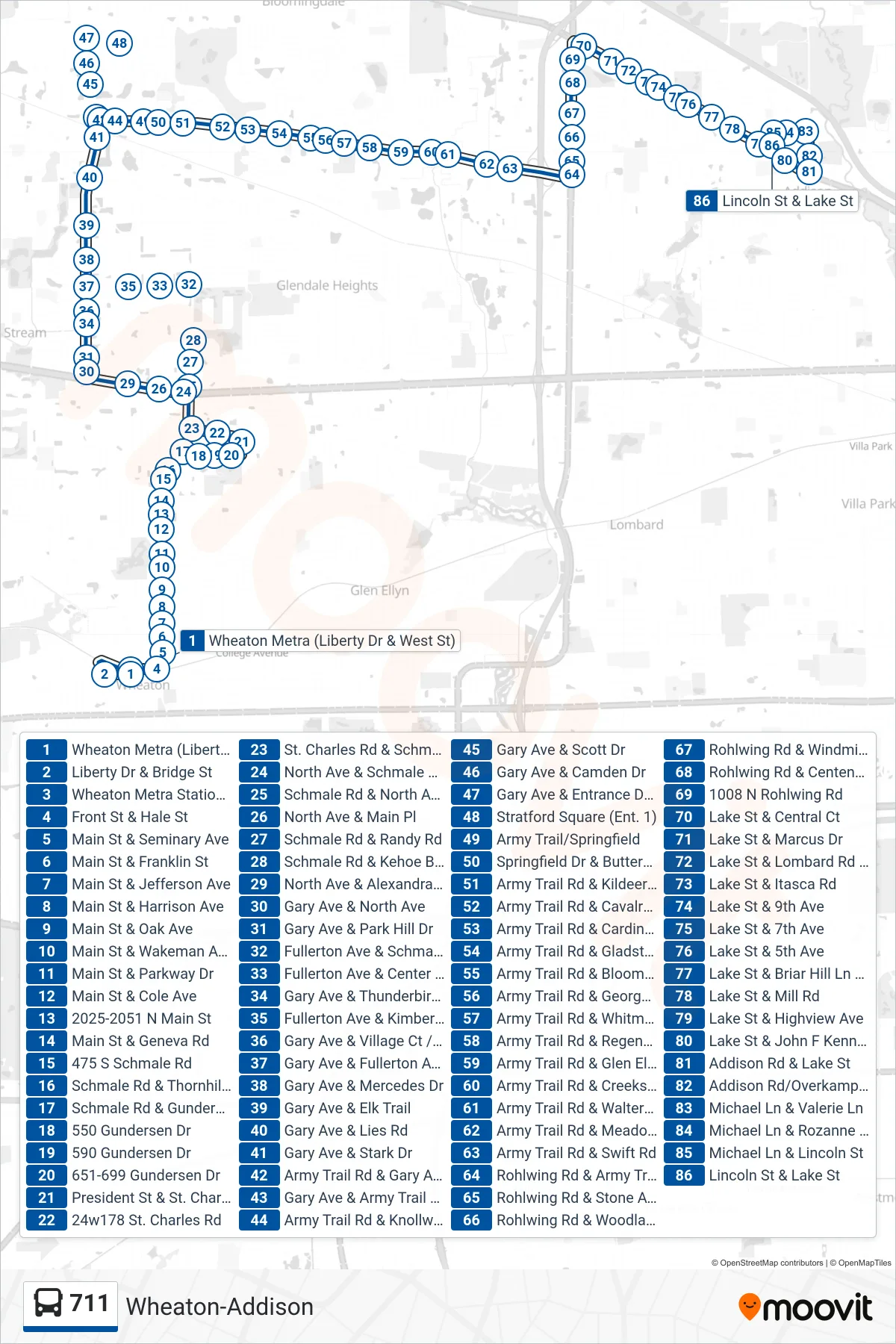 711 bus Line (Lincoln St & Lake St) route and stops on a map