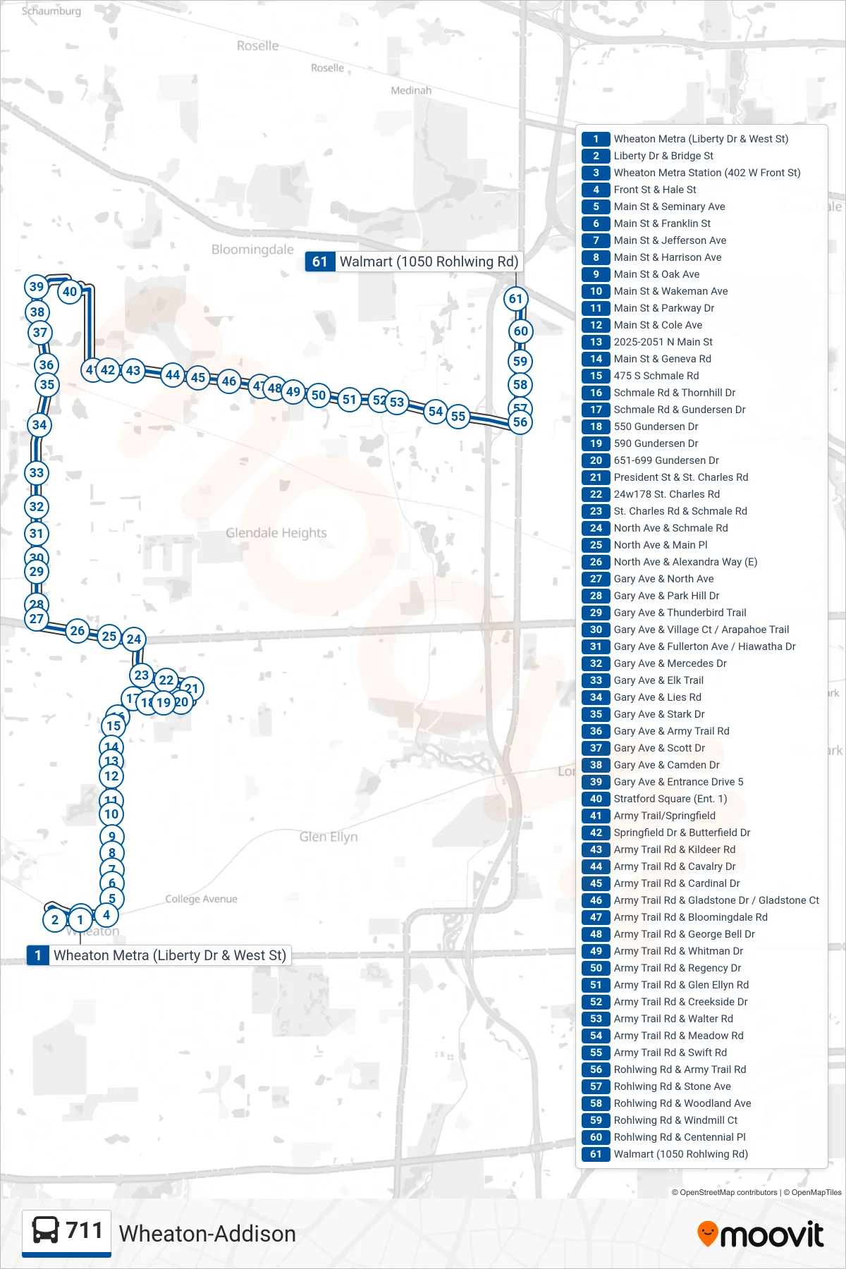 711 bus Line (Walmart (1050 Rohlwing Rd)) route and stops on a map