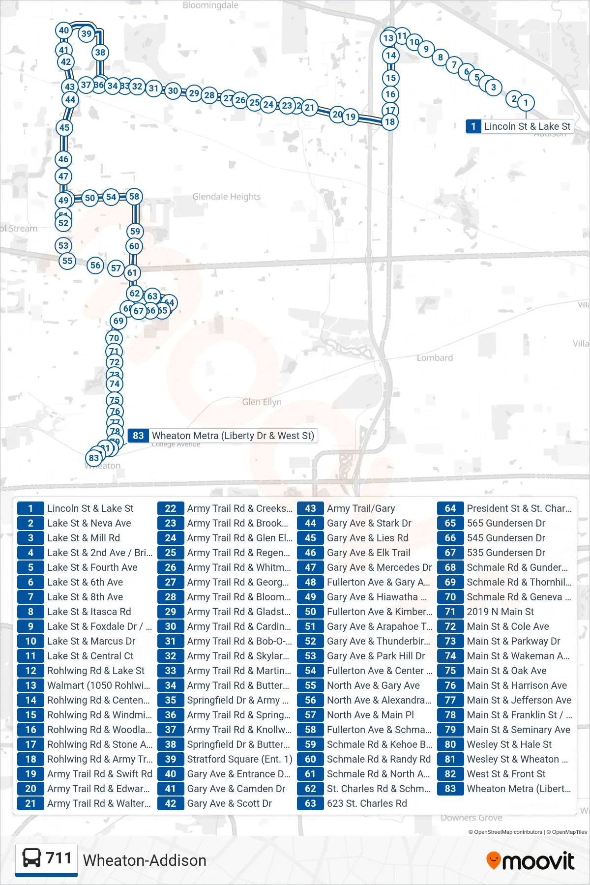 711 bus Line (Wheaton Metra (Liberty Dr & West St)) route and stops on a map
