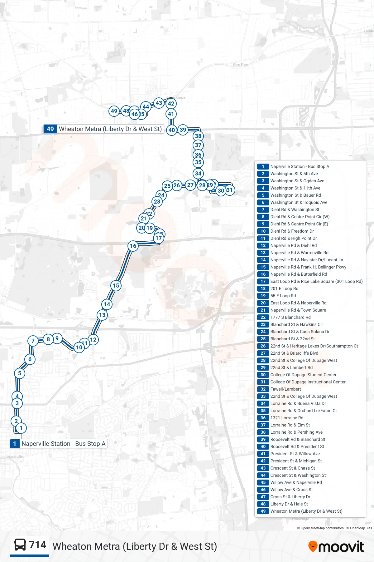 714 bus Line (Wheaton Metra (Liberty Dr & West St)) route and stops on a map