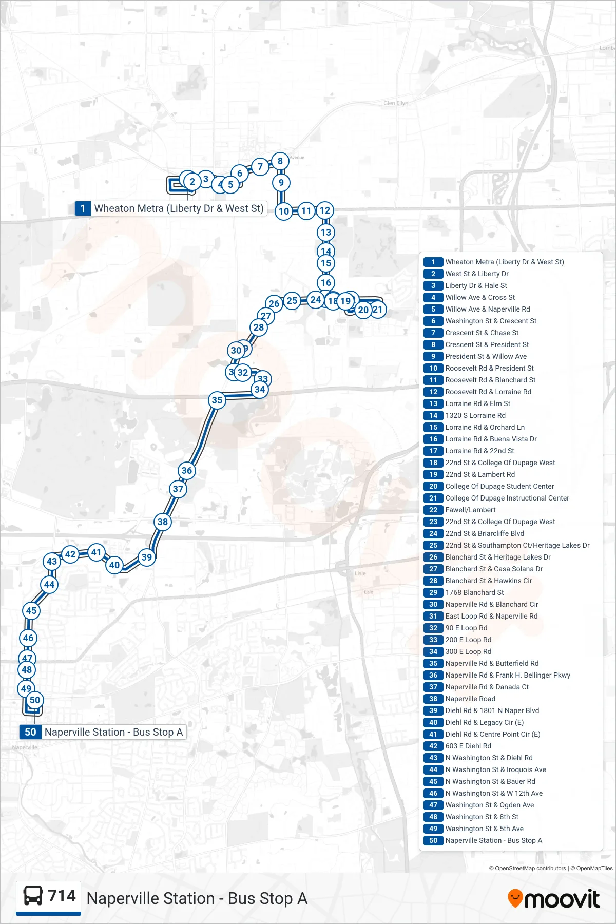 714 bus Line (Naperville Station - Bus Stop A) route and stops on a map