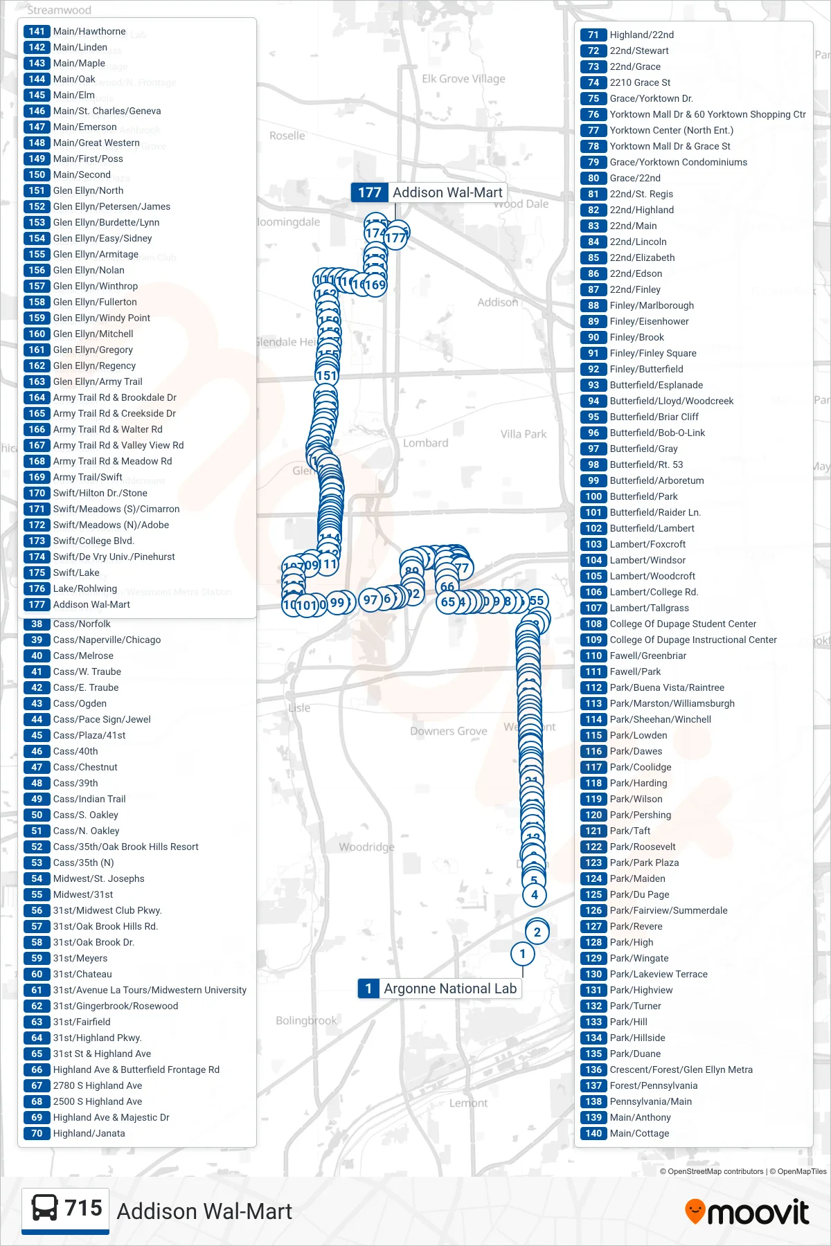 715 bus Line (Addison Wal-Mart) route and stops on a map
