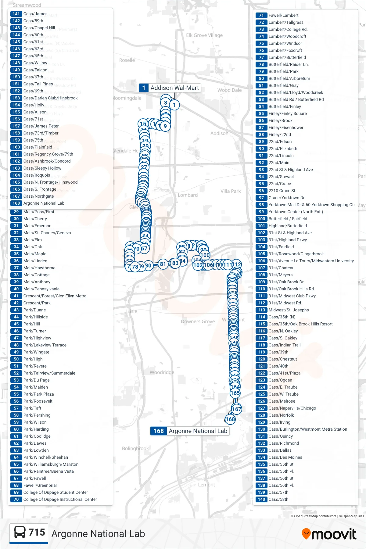 715 bus Line (Argonne National Lab) route and stops on a map