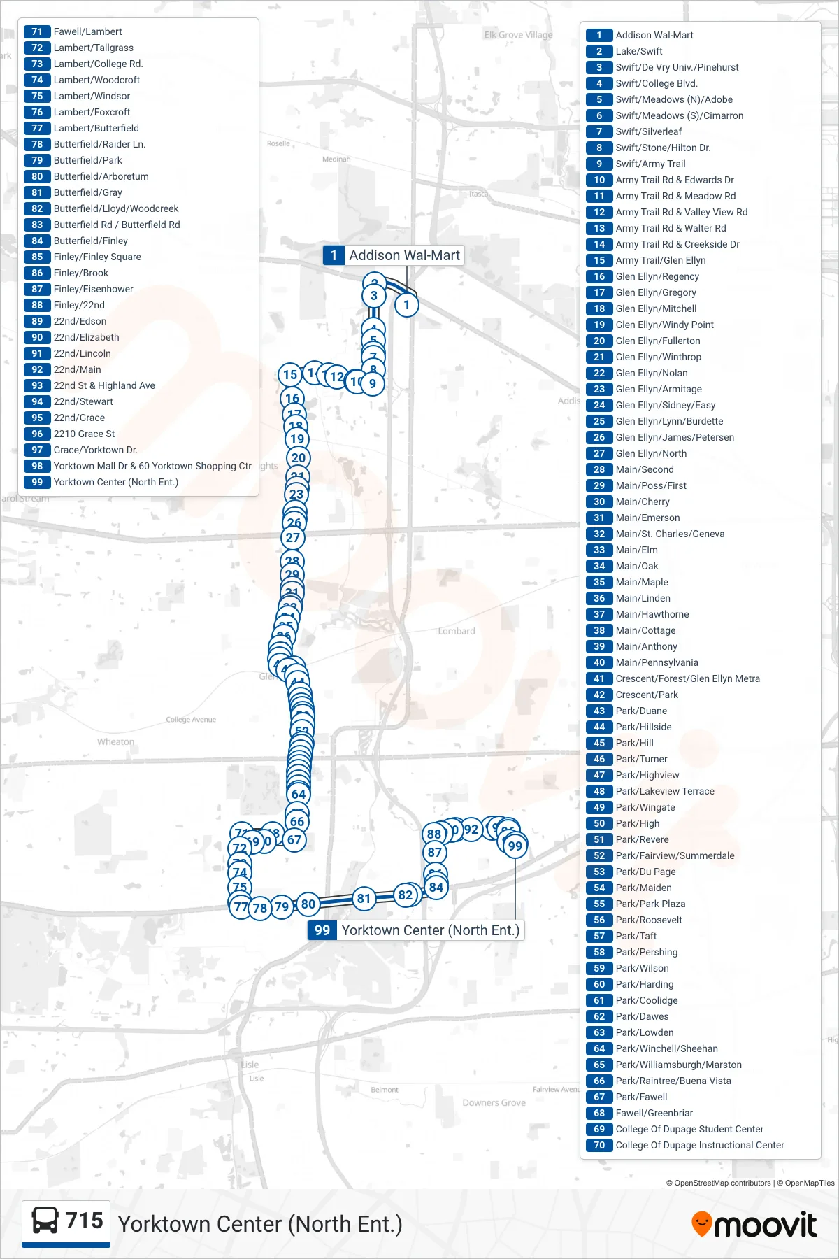 715 bus Line (Yorktown Center (North Ent.)) route and stops on a map