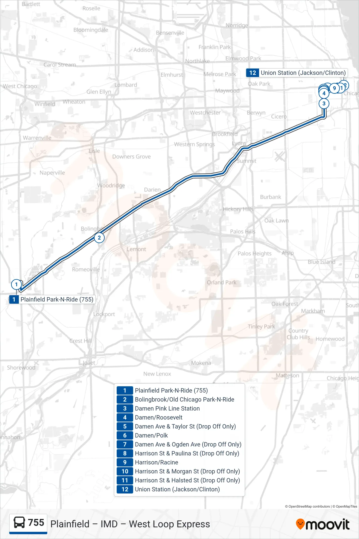 755 bus Line (Union Station (Jackson/Clinton)) route and stops on a map