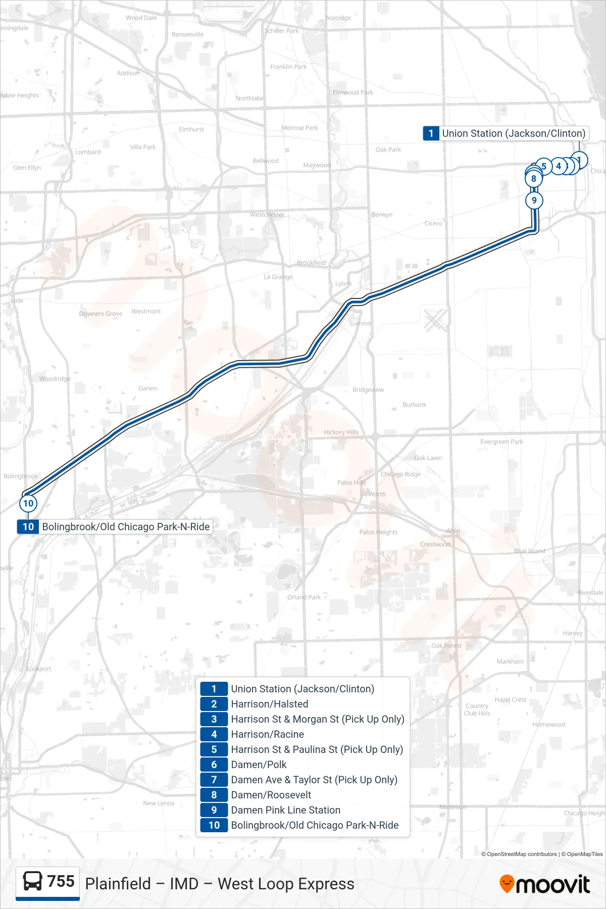755 bus Line (Bolingbrook/Old Chicago Park-N-Ride) route and stops on a map