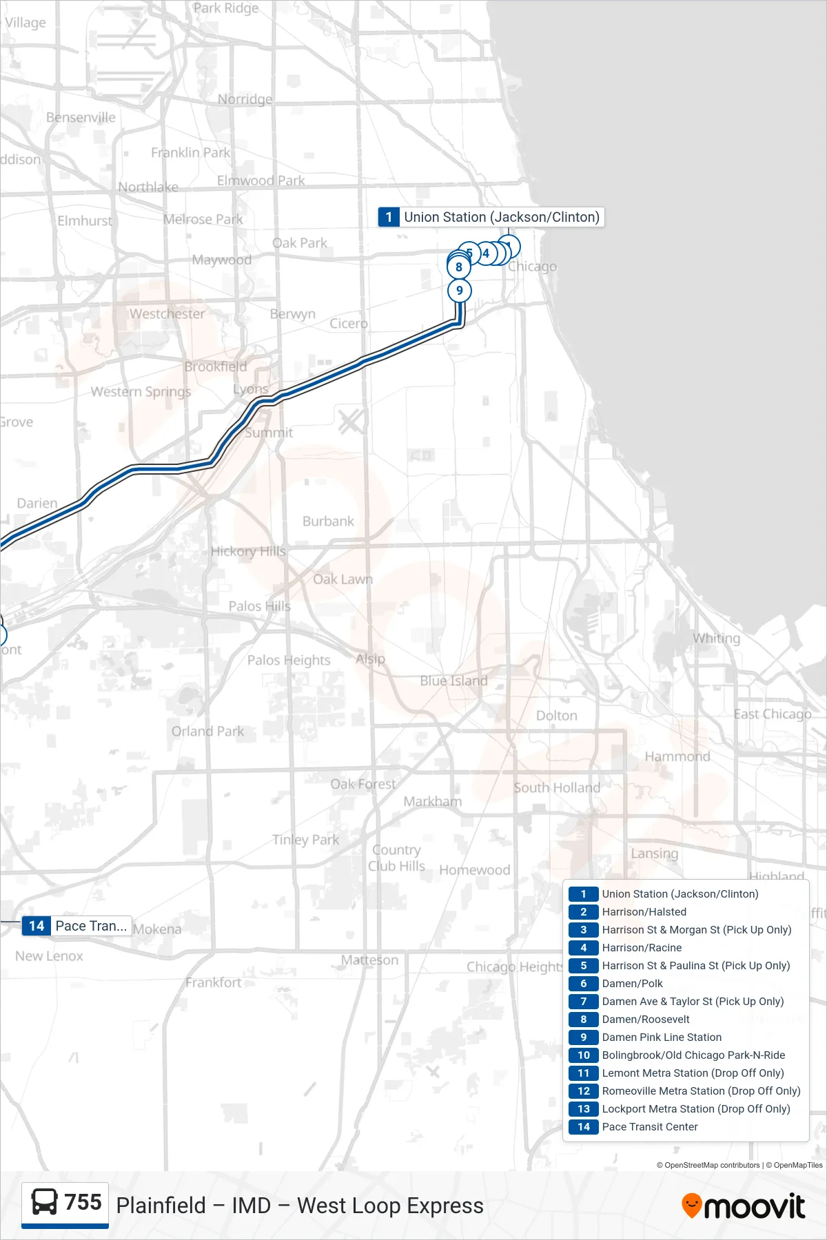 755 bus Line (Pace Transit Center) route and stops on a map