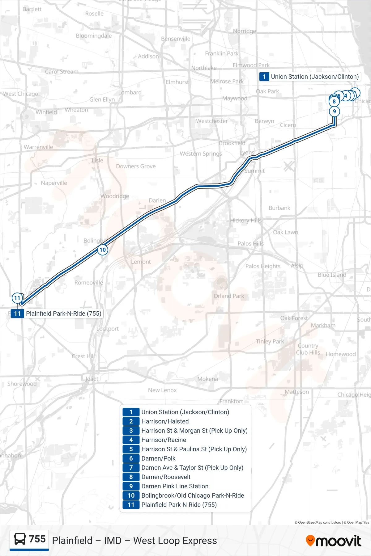 755 bus Line (Plainfield Park-N-Ride (755)) route and stops on a map