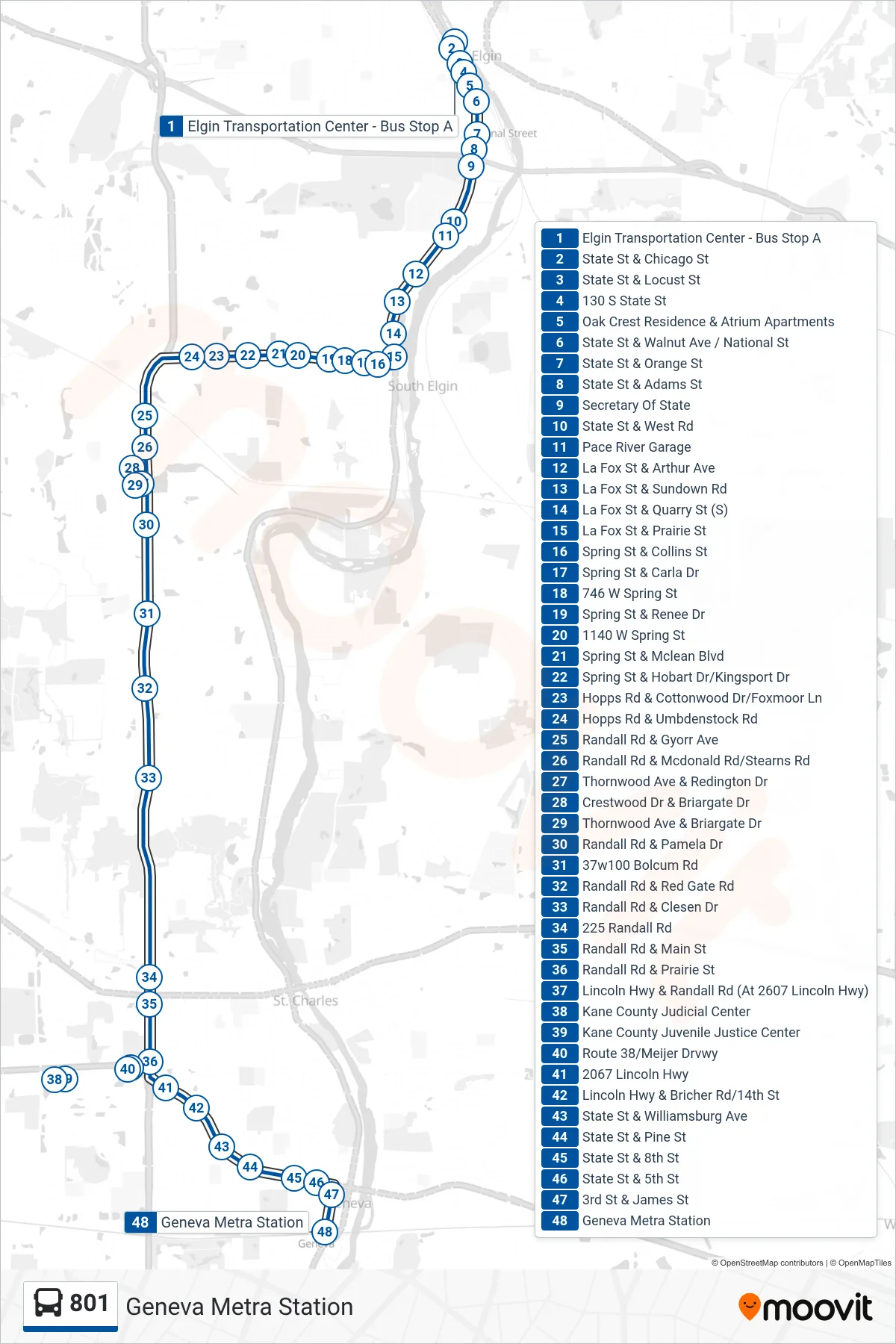 801 bus Line (Geneva Metra Station) route and stops on a map
