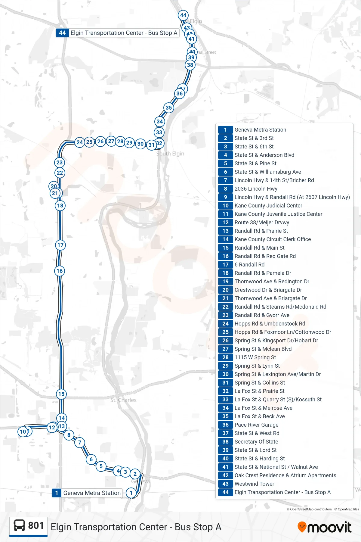 801 bus Line (Elgin Transportation Center - Bus Stop A) route and stops on a map