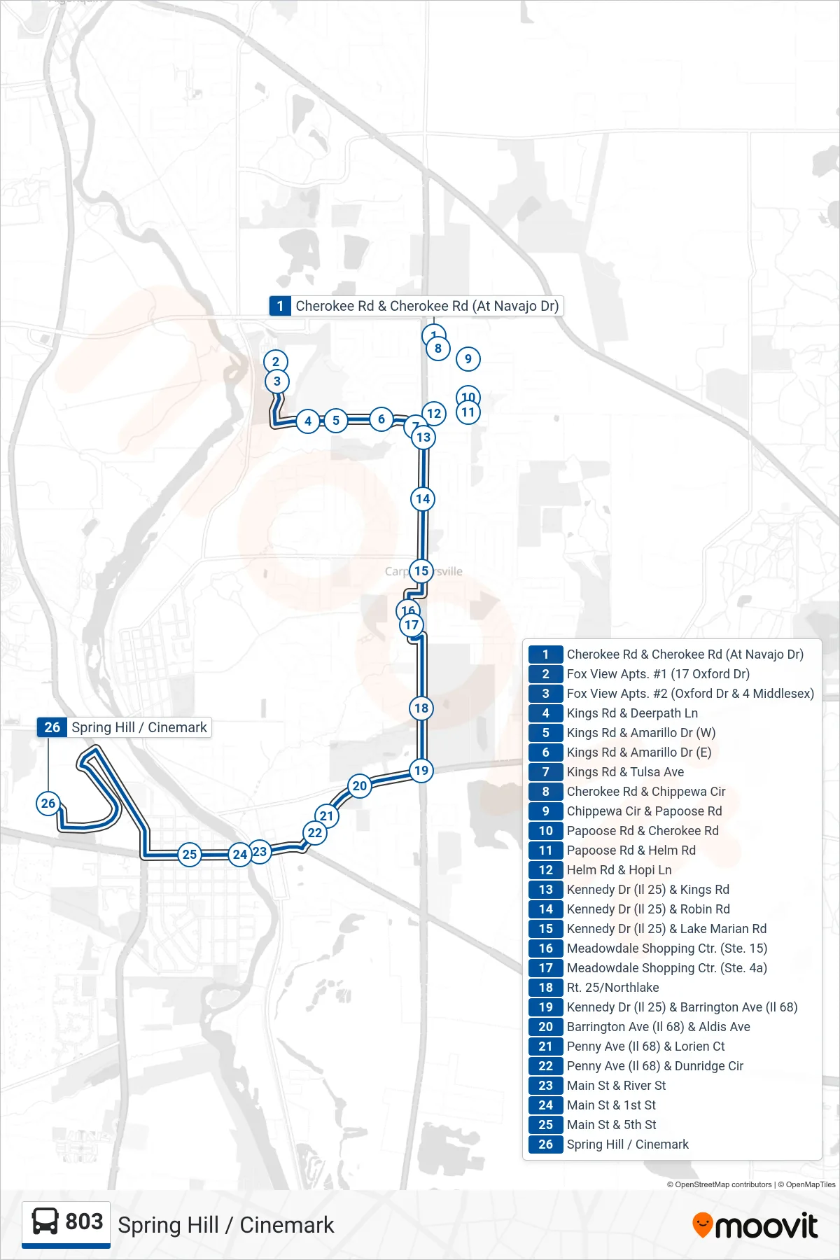803 bus Line (Spring Hill / Cinemark) route and stops on a map