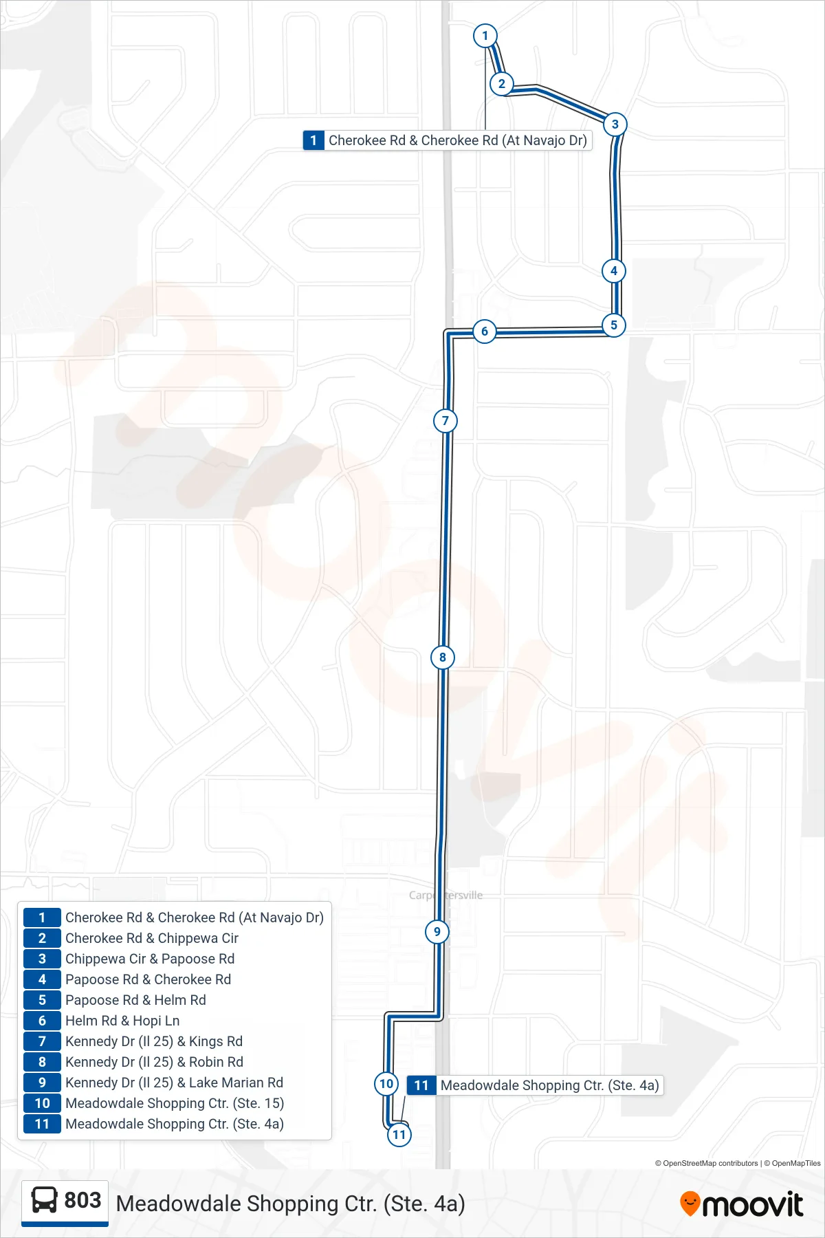 803 bus Line (Meadowdale Shopping Ctr. (Ste. 4a)) route and stops on a map