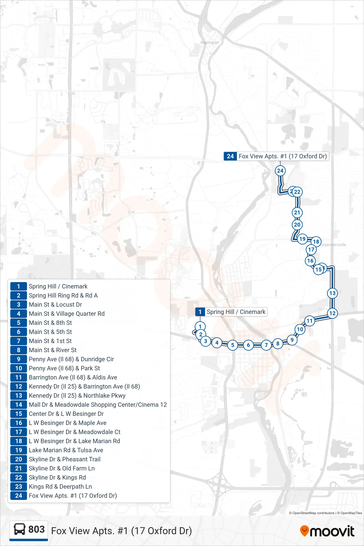 803 bus Line (Fox View Apts. #1 (17 Oxford Dr)) route and stops on a map