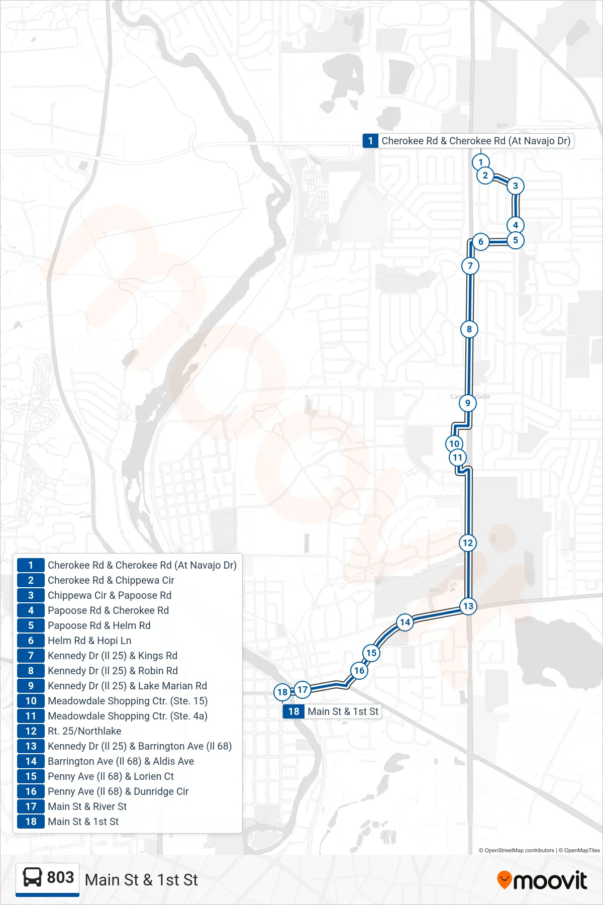 803 bus Line (Main St & 1st St) route and stops on a map