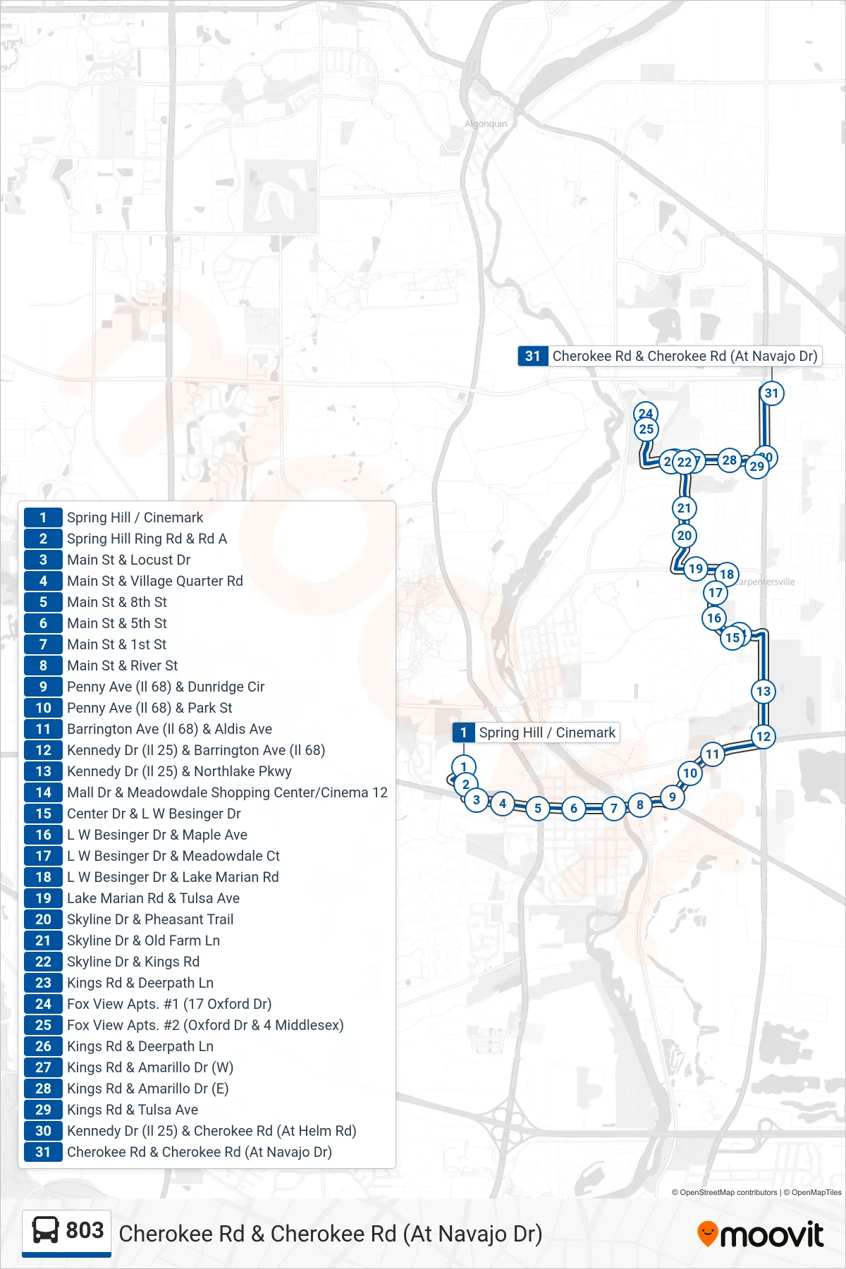 803 bus Line (Cherokee Rd & Cherokee Rd (At Navajo Dr)) route and stops on a map