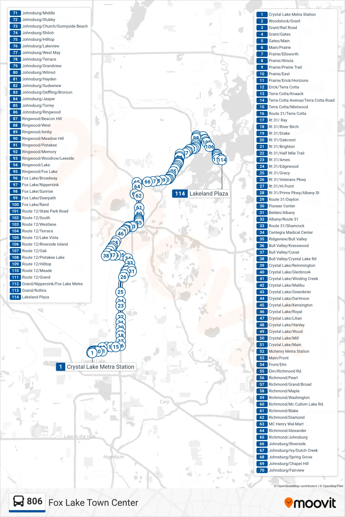 806 bus Line (Fox Lake Town Center) route and stops on a map