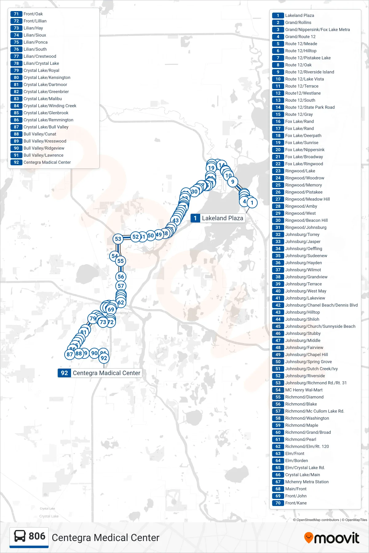 806 bus Line (Centegra Medical Center) route and stops on a map
