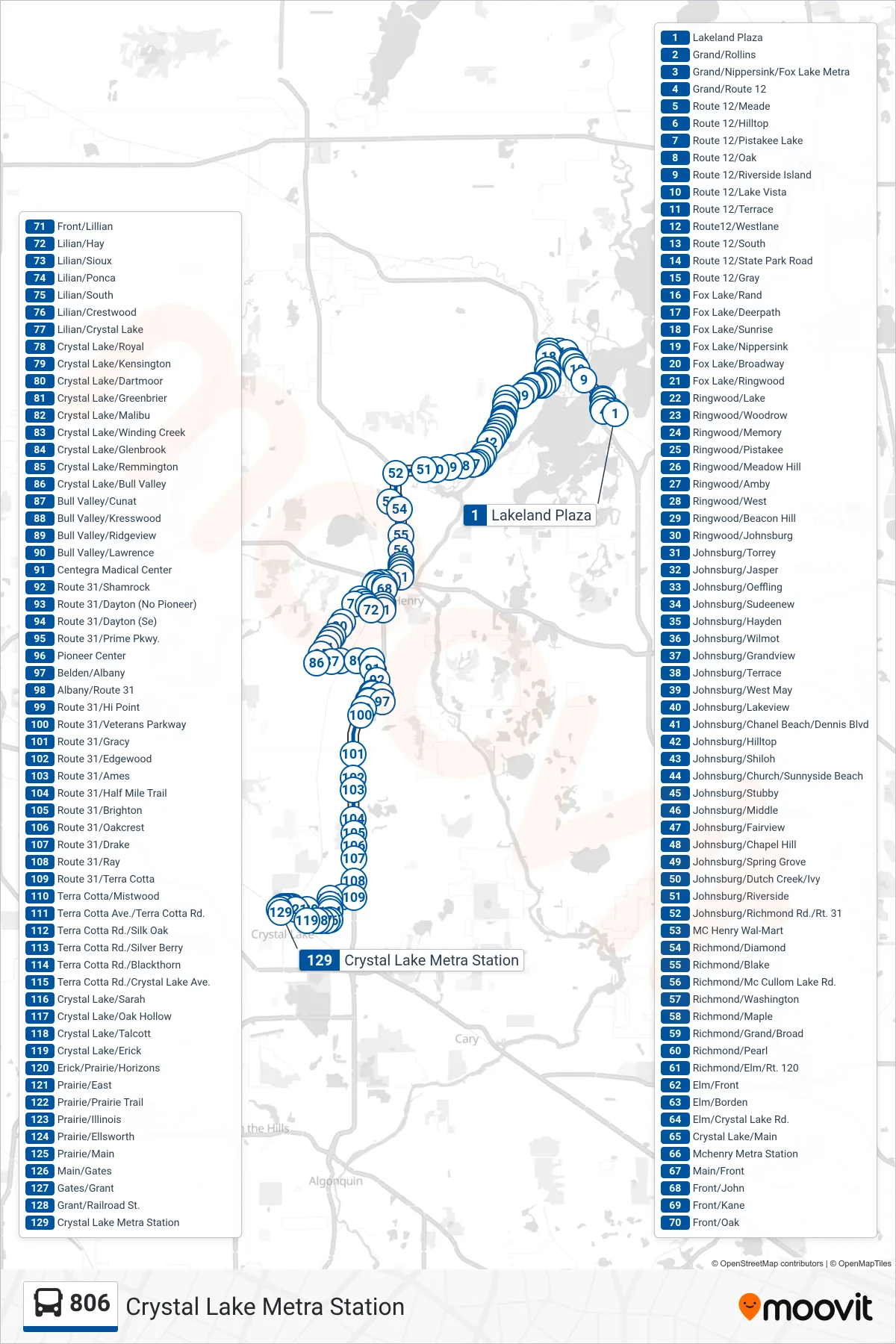 806 bus Line (Crystal Lake Metra Station) route and stops on a map