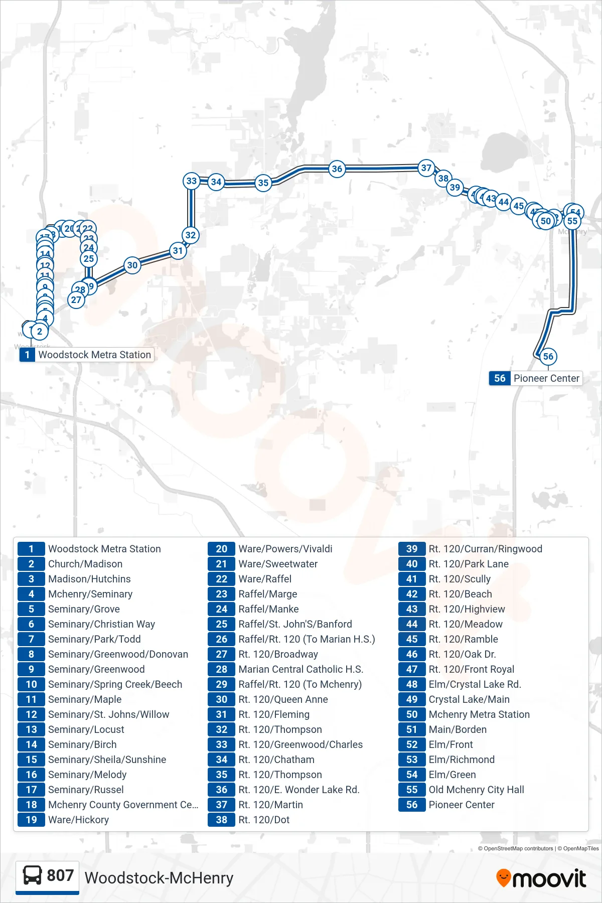 807 bus Line (Pioneer Center) route and stops on a map