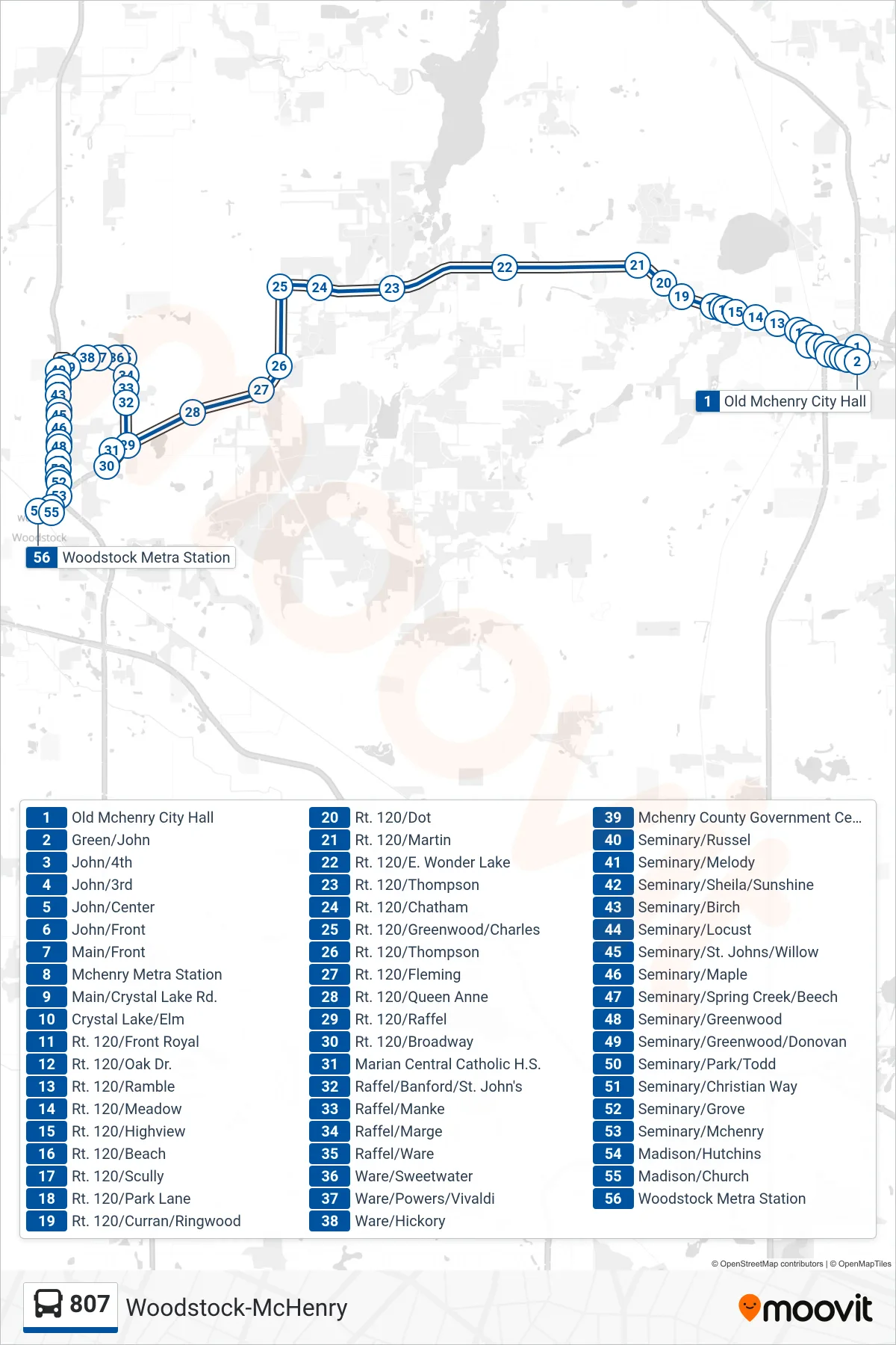 807 bus Line (Woodstock Metra Station) route and stops on a map