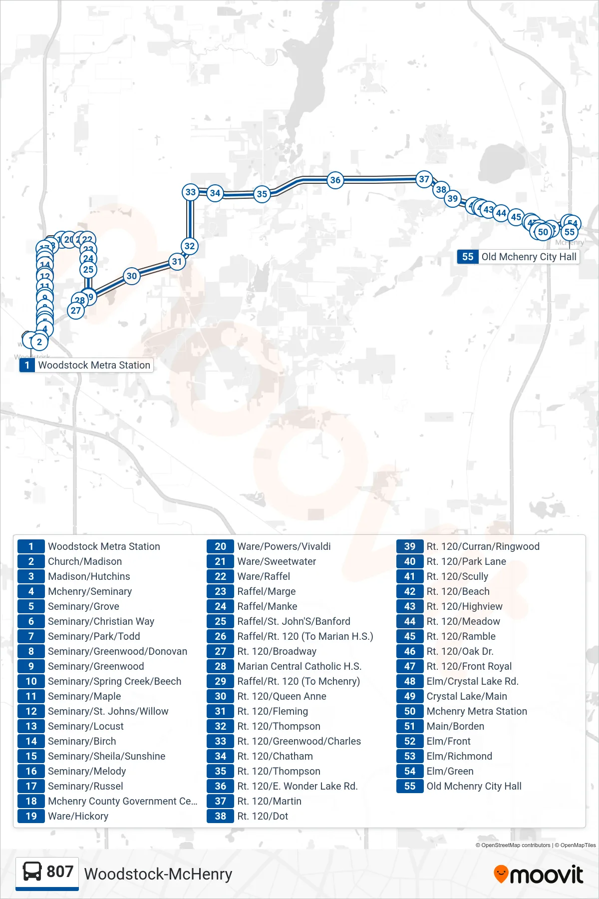 807 bus Line (Old Mchenry City Hall) route and stops on a map