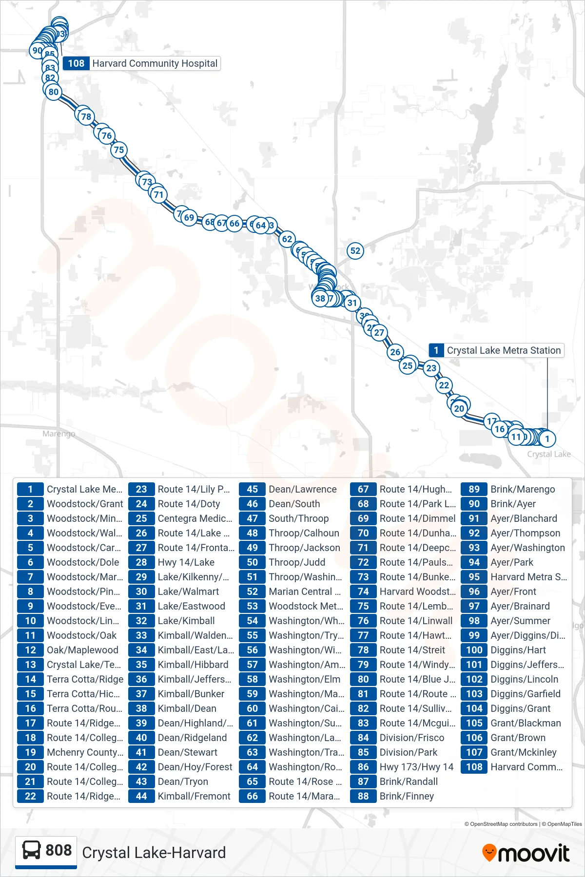 808 bus Line (Harvard Community Hospital) route and stops on a map