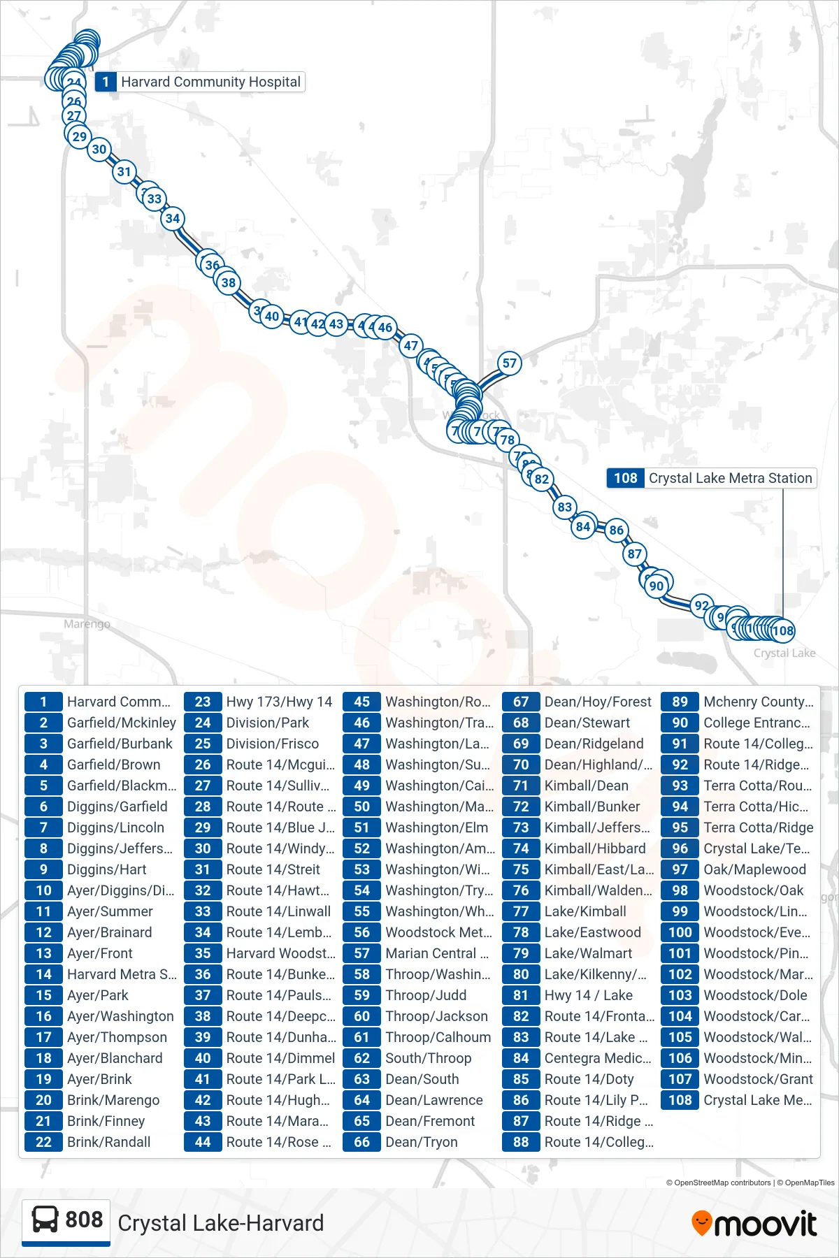 808 bus Line (Crystal Lake Metra Station) route and stops on a map