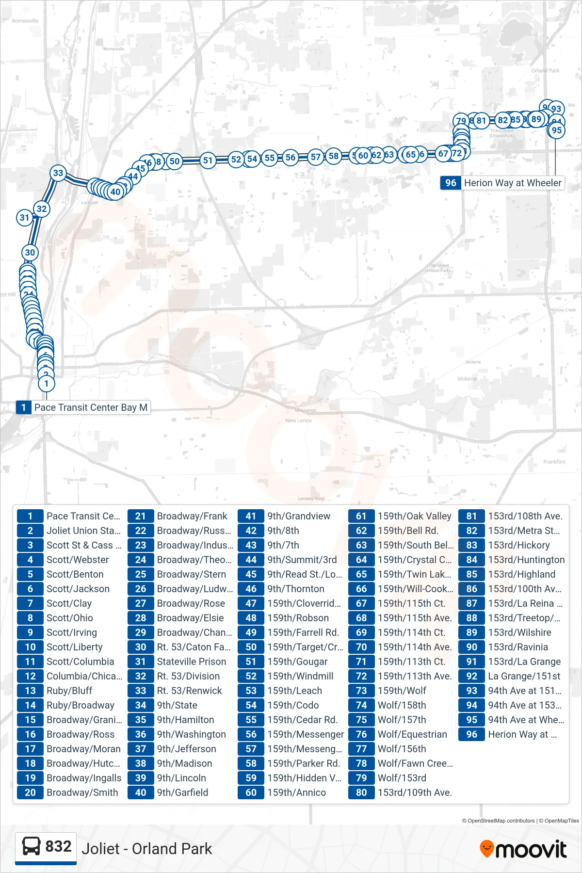 832 bus Line (Herion Way at Wheeler) route and stops on a map