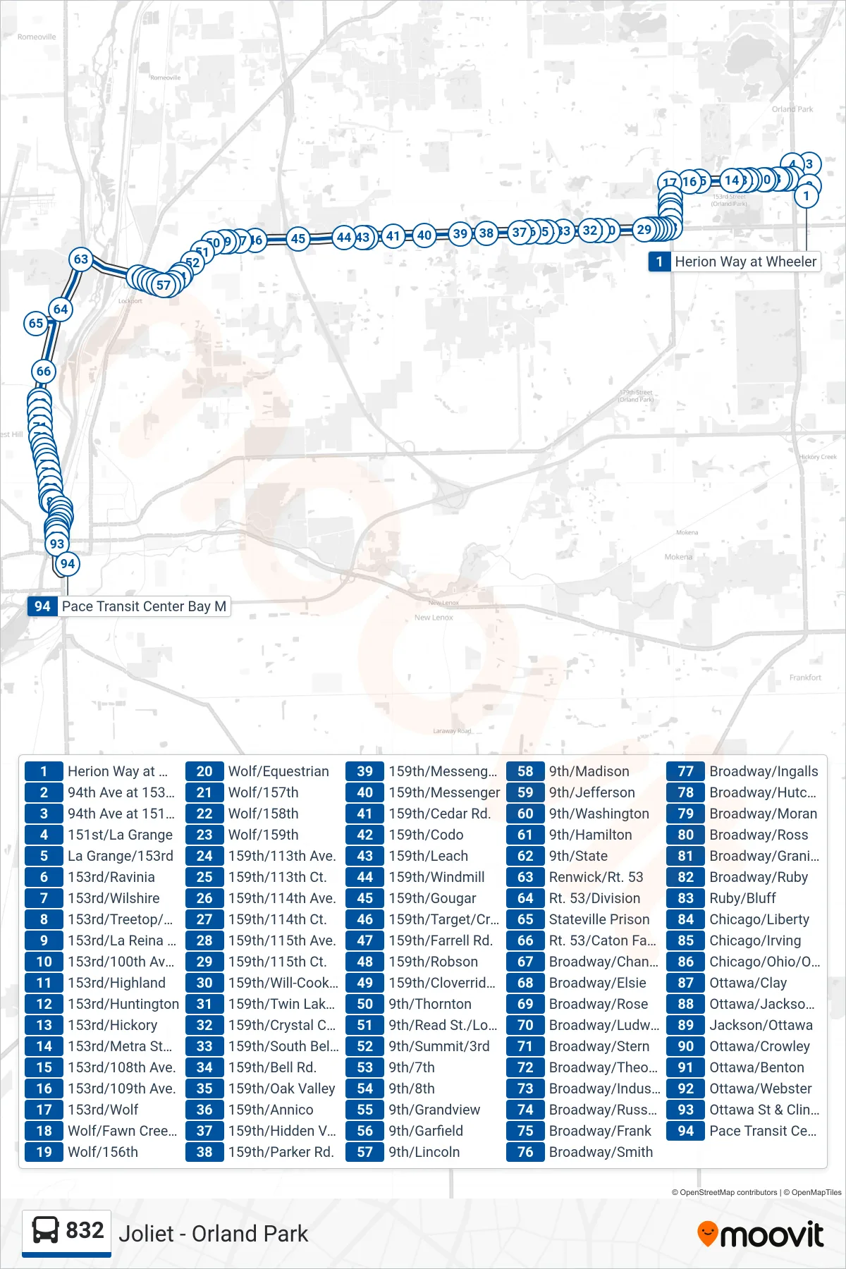 832 bus Line (Pace Transit Center Bay M) route and stops on a map